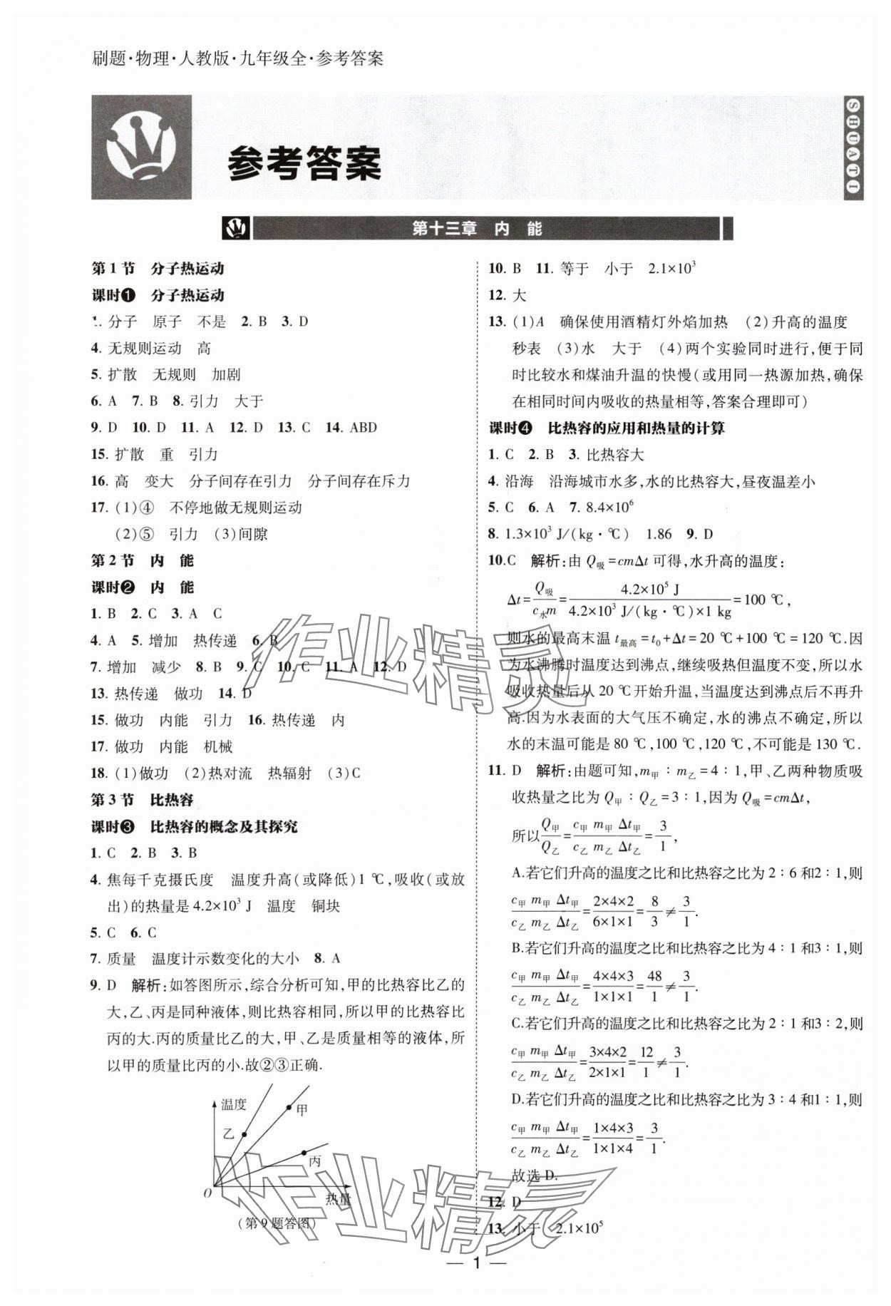 2024年北大绿卡刷题九年级物理全一册人教版 参考答案第1页