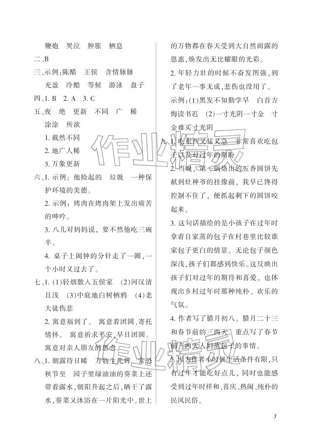 2026年配套练习与检测六年级语文下册人教版&nbsp;参考答案第3页