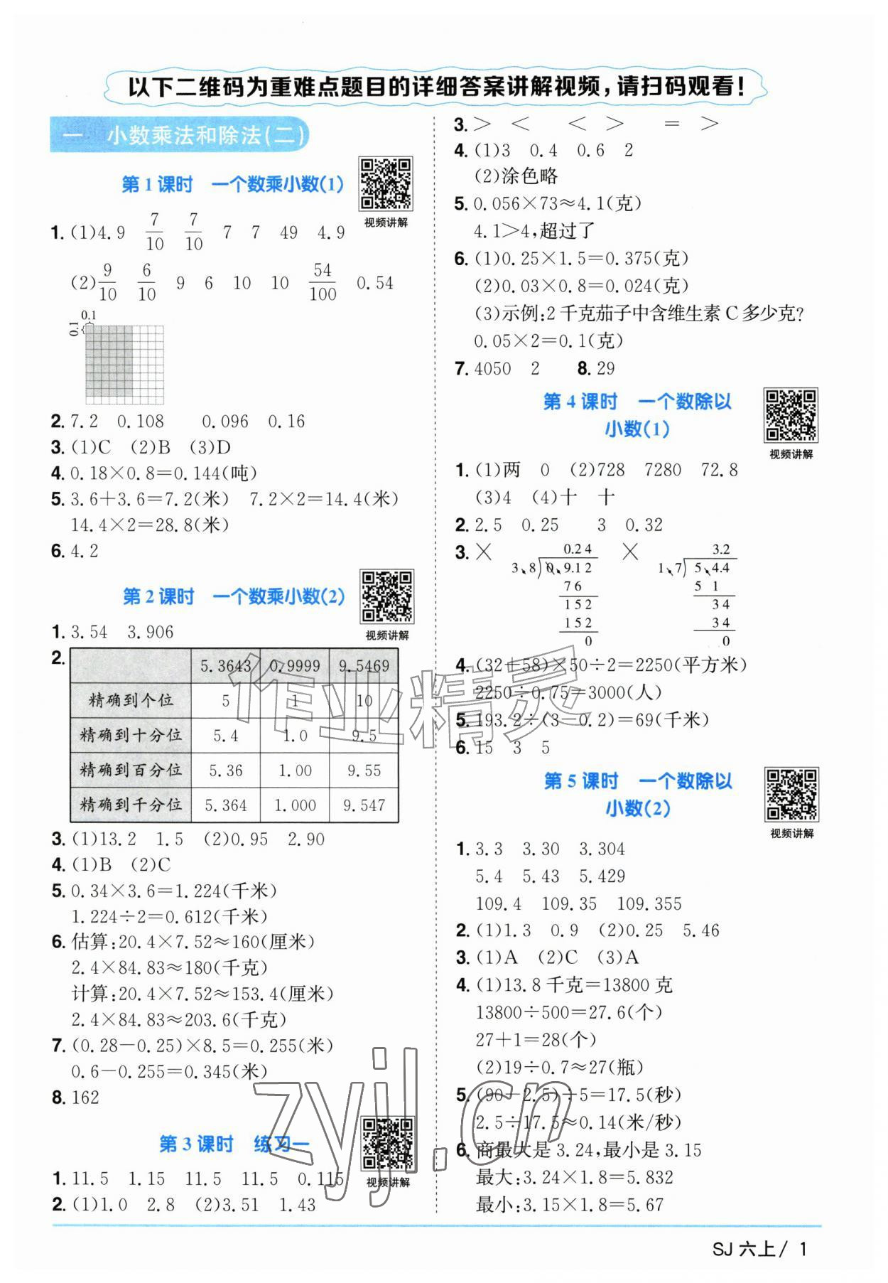 2026年阳光同学课时优化作业六年级数学上册苏教版&nbsp;参考答案第1页