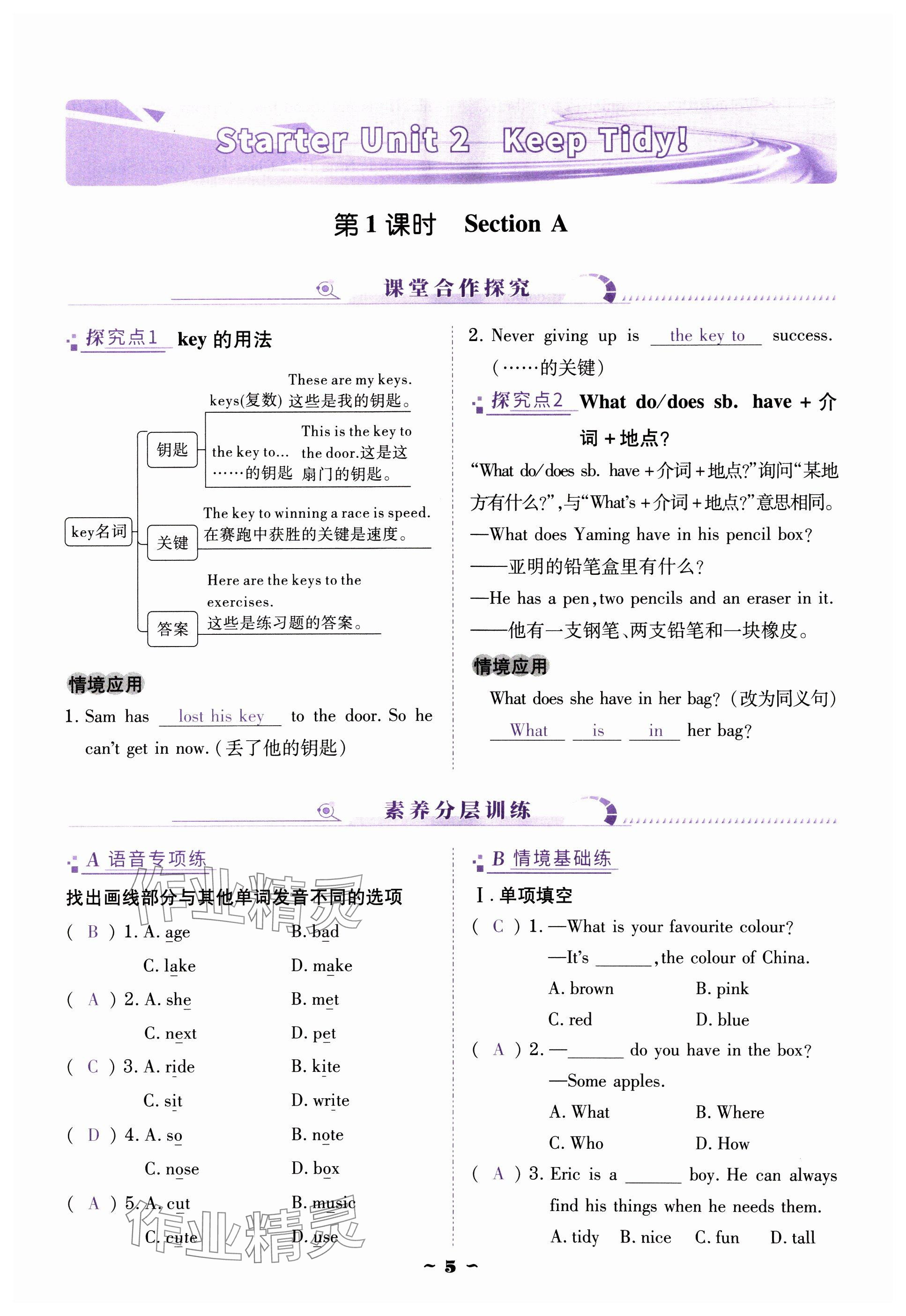 2024年云南省標(biāo)準(zhǔn)教輔優(yōu)佳學(xué)案七年級英語上冊人教版 參考答案第5頁