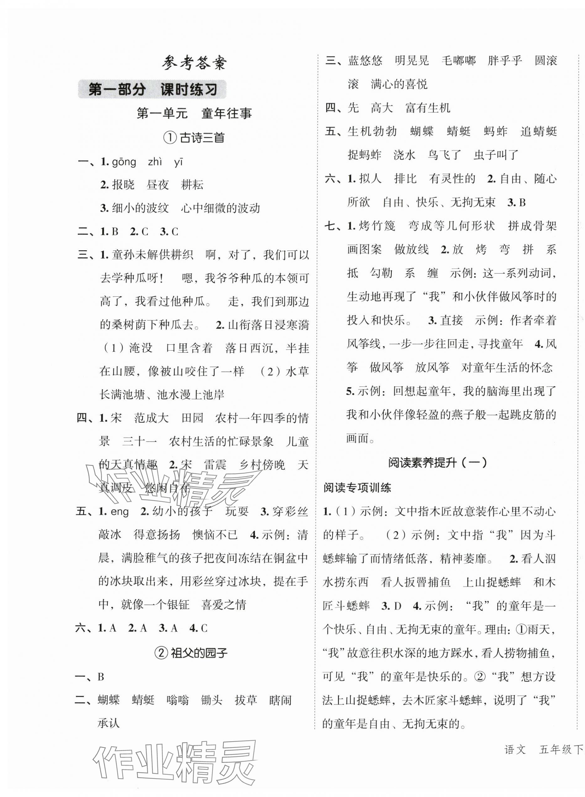 2024年名師面對面先學后練五年級語文下冊人教版 參考答案第1頁