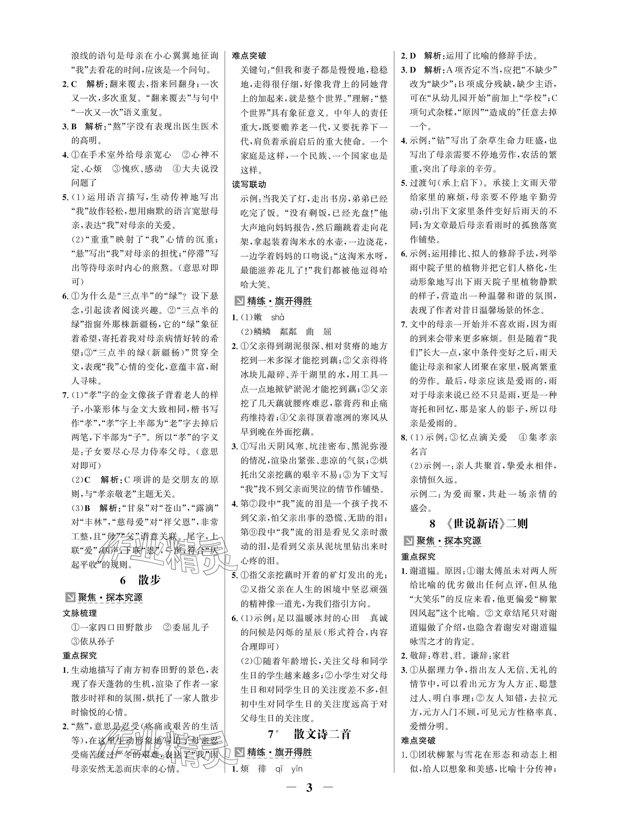 2025年配套綜合練習甘肅七年級語文上冊人教版 參考答案第3頁