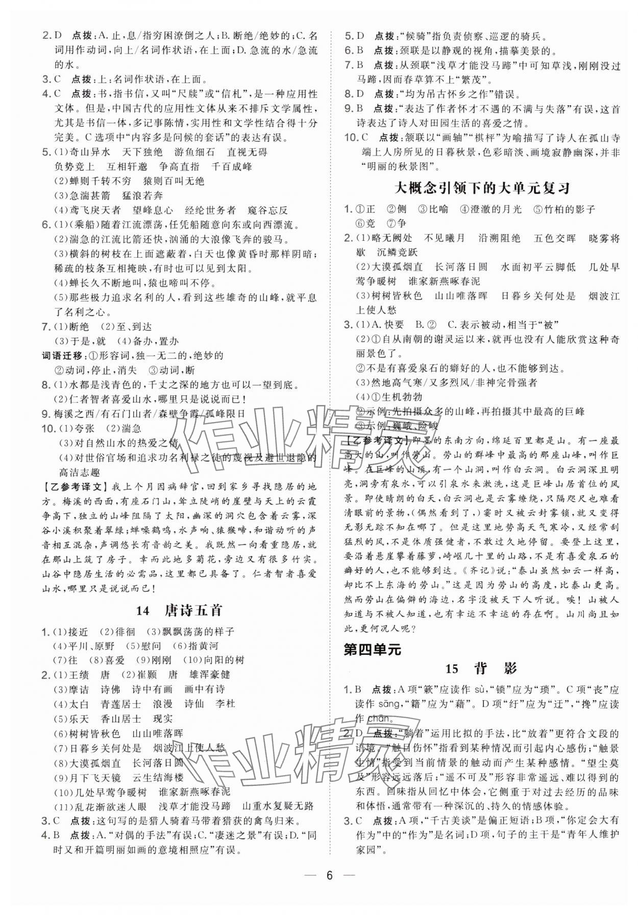 2025年点拨训练八年级语文上册人教版辽宁专版 参考答案第6页