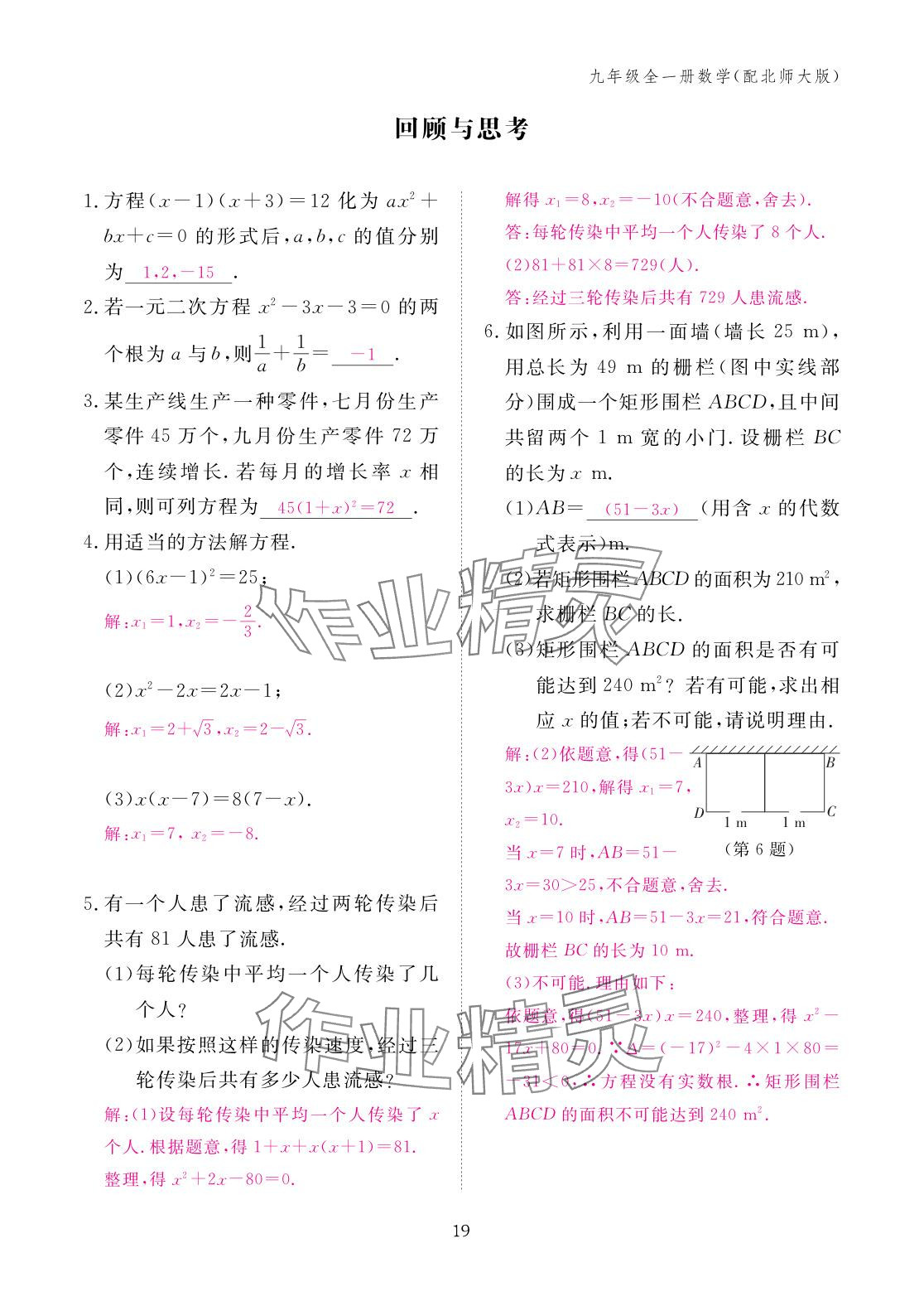 2025年作业本江西教育出版社九年级数学全一册北师大版 参考答案第19页