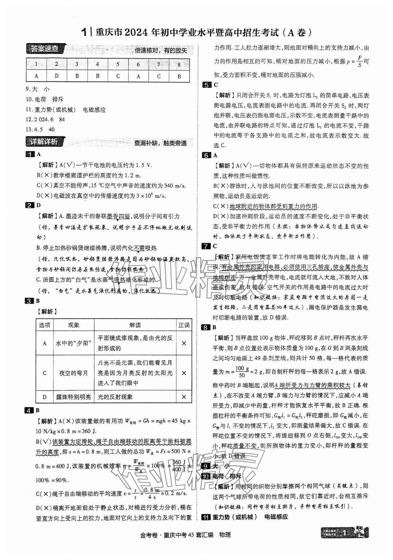 2025年金考卷中考45套匯編物理重慶專版 參考答案第1頁