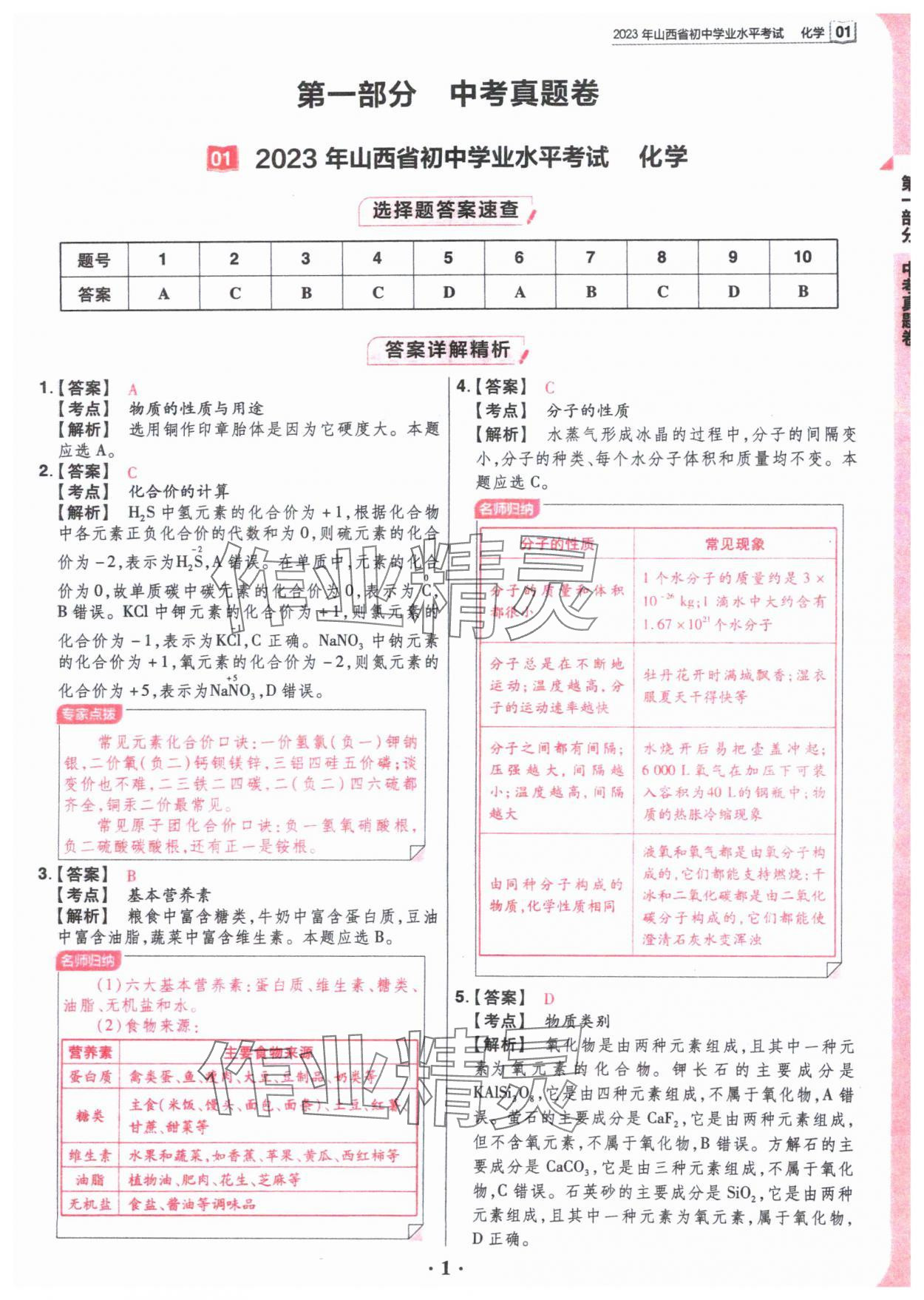 2024年晉一中考模擬試卷精編化學 參考答案第1頁
