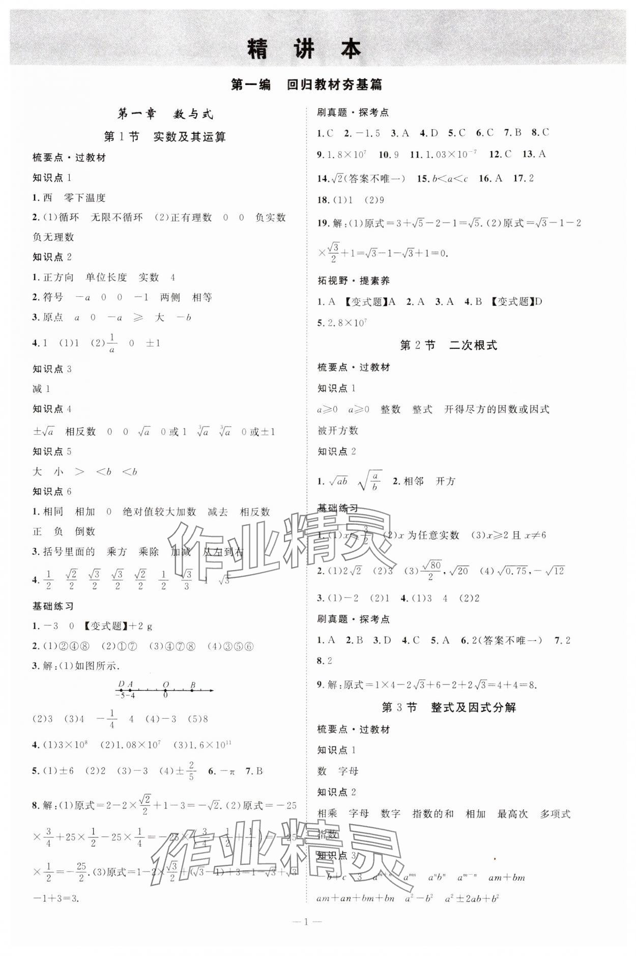 2024年名師測控中考特訓(xùn)方案數(shù)學(xué)湖北專版 參考答案第1頁