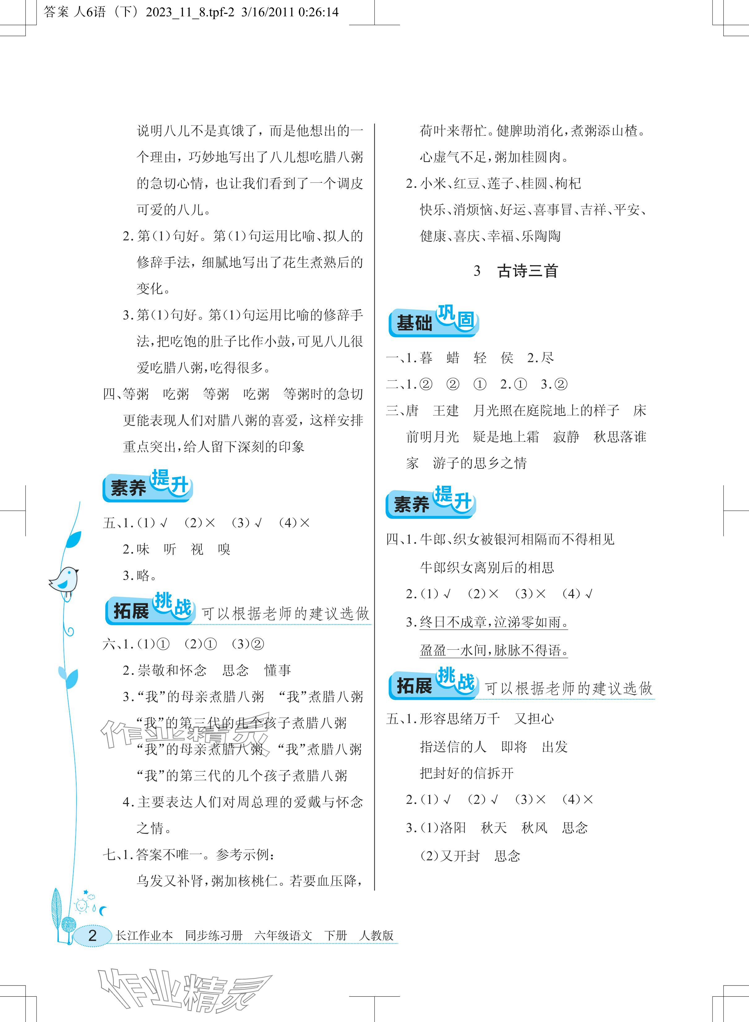 2024年长江作业本同步练习册六年级语文下册人教版 参考答案第2页