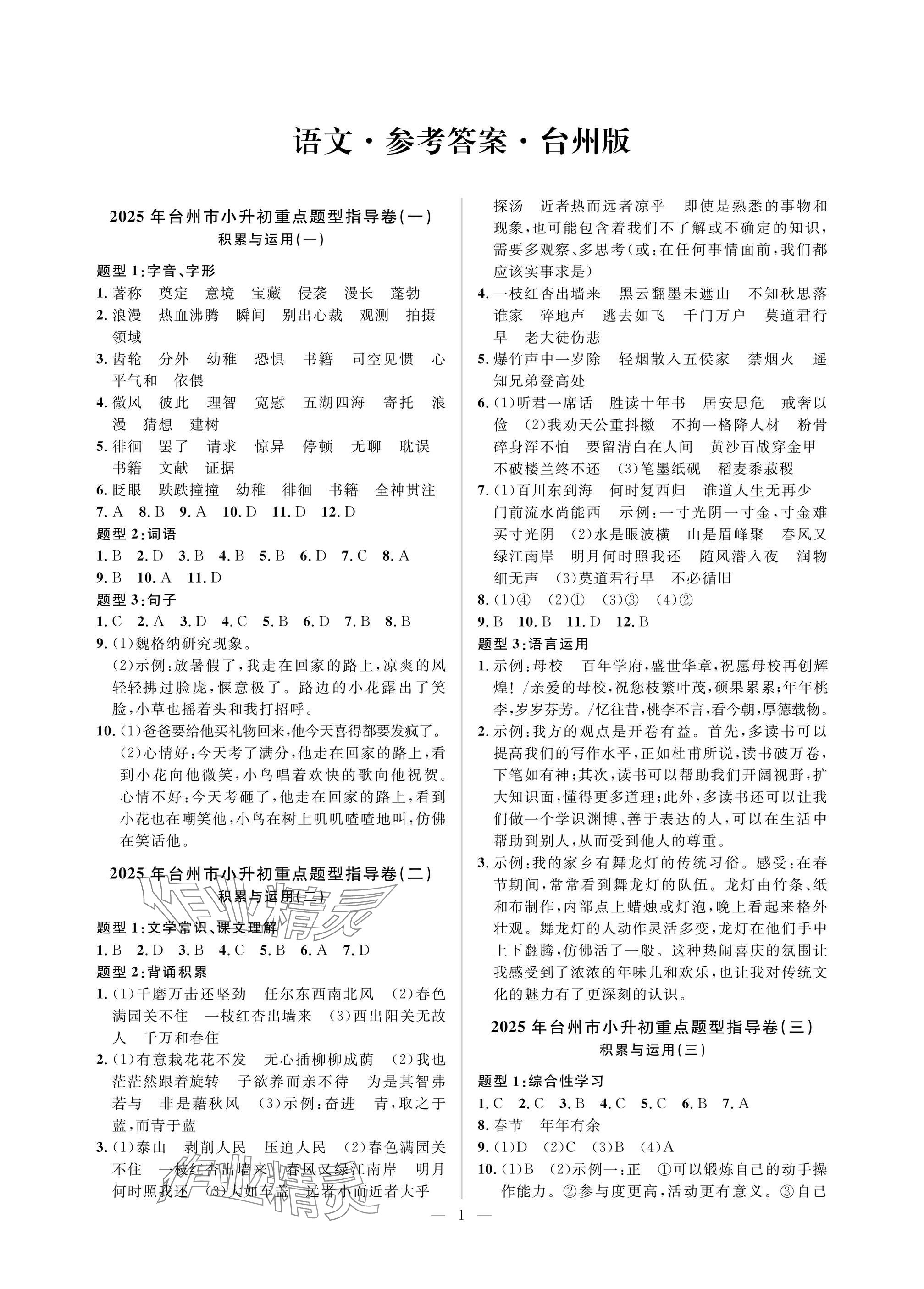 2025年小學畢業特訓卷語文臺州專版 參考答案第1頁