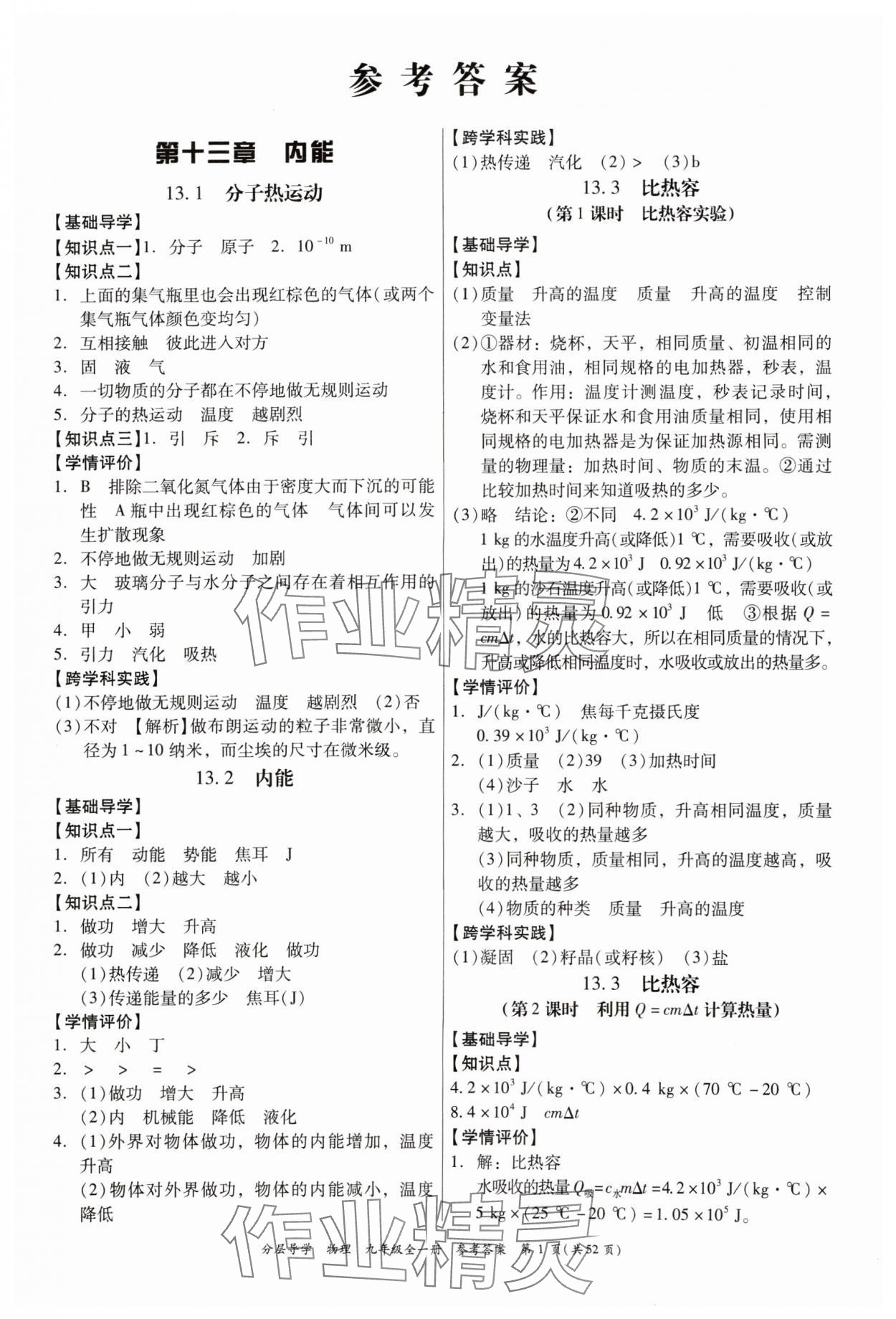 2024年分層導學九年級物理全一冊人教版 參考答案第1頁