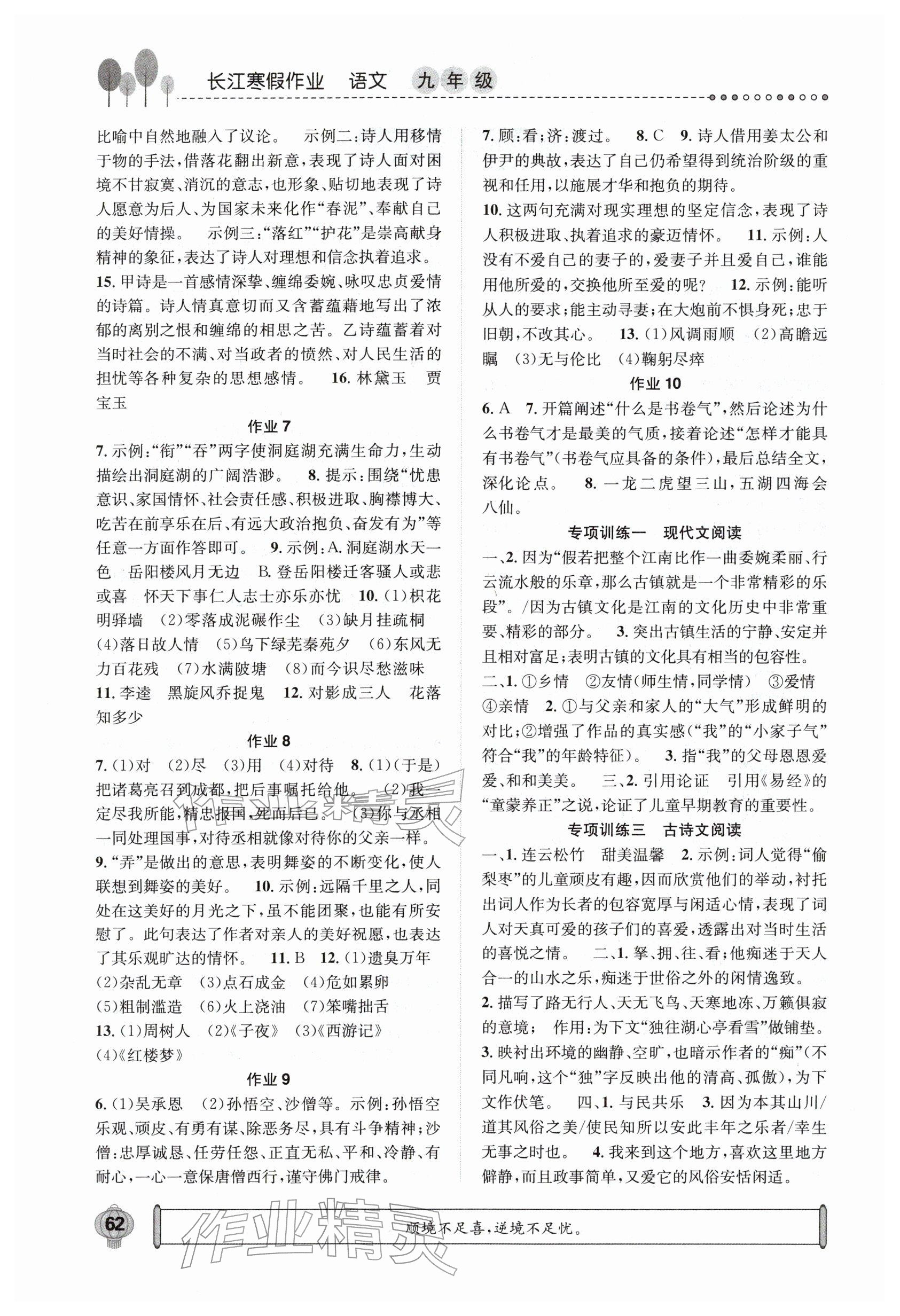 2026年长江寒假作业崇文书局九年级语文人教版&nbsp;参考答案第2页