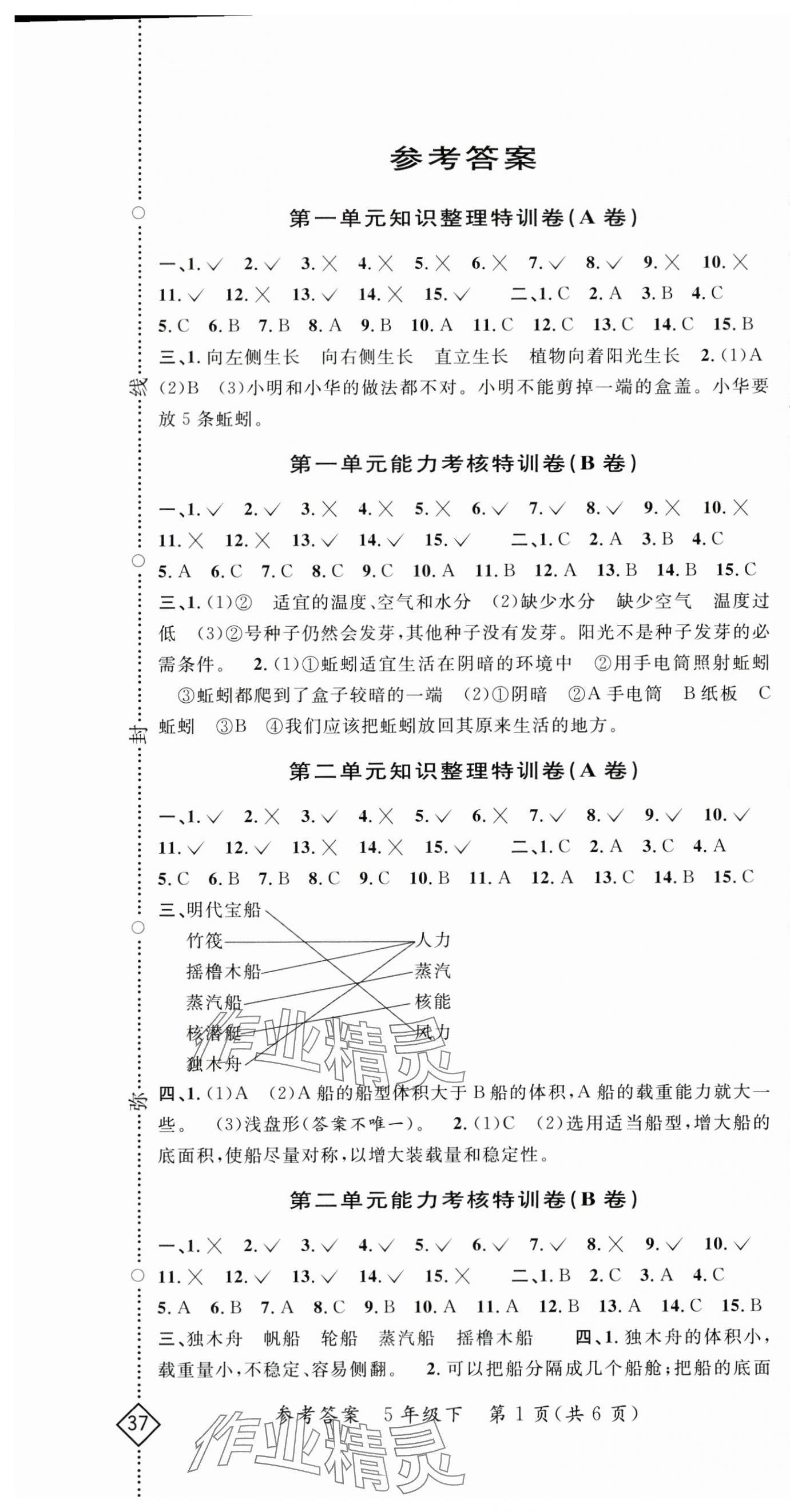 2024年特訓卷五年級科學下冊教科版 第1頁