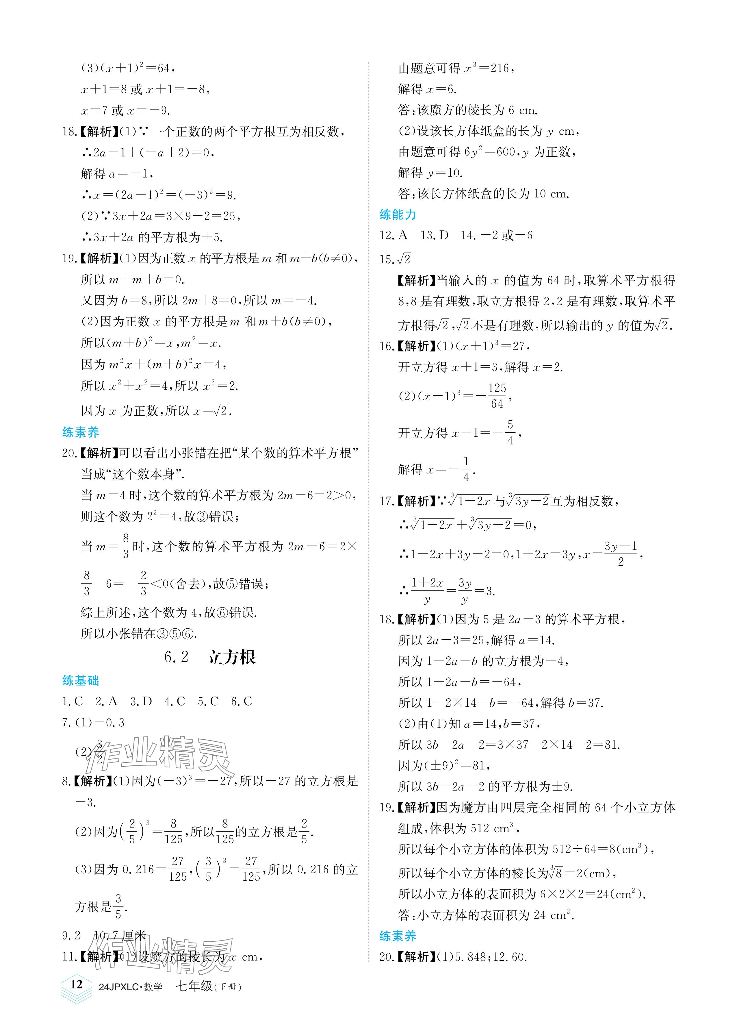 2024年金牌學(xué)練測(cè)七年級(jí)數(shù)學(xué)下冊(cè)人教版 參考答案第12頁