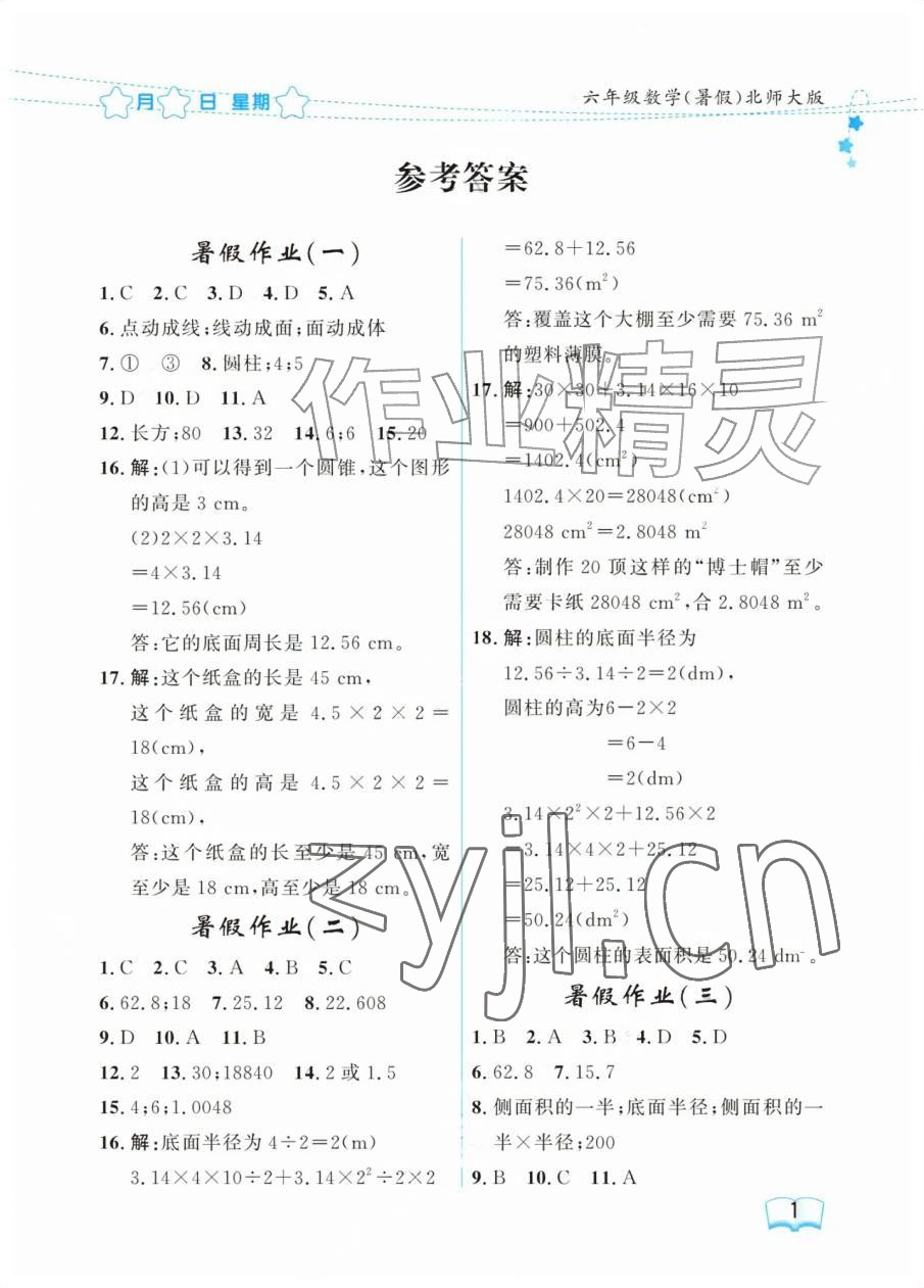 2026年阳光假日暑假六年级数学北师大版&nbsp;参考答案第1页