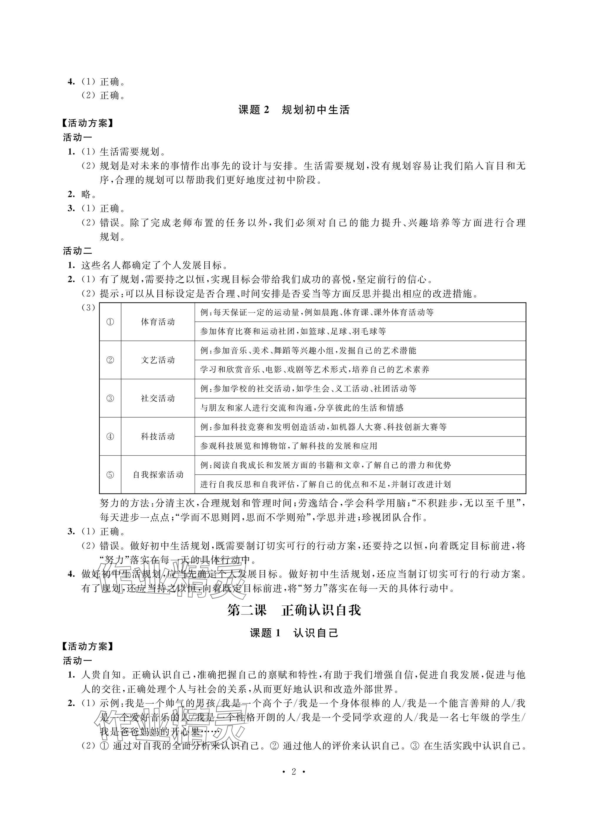 2024年優(yōu)思優(yōu)評(píng)七年級(jí)道德與法治上冊(cè)人教版 參考答案第2頁