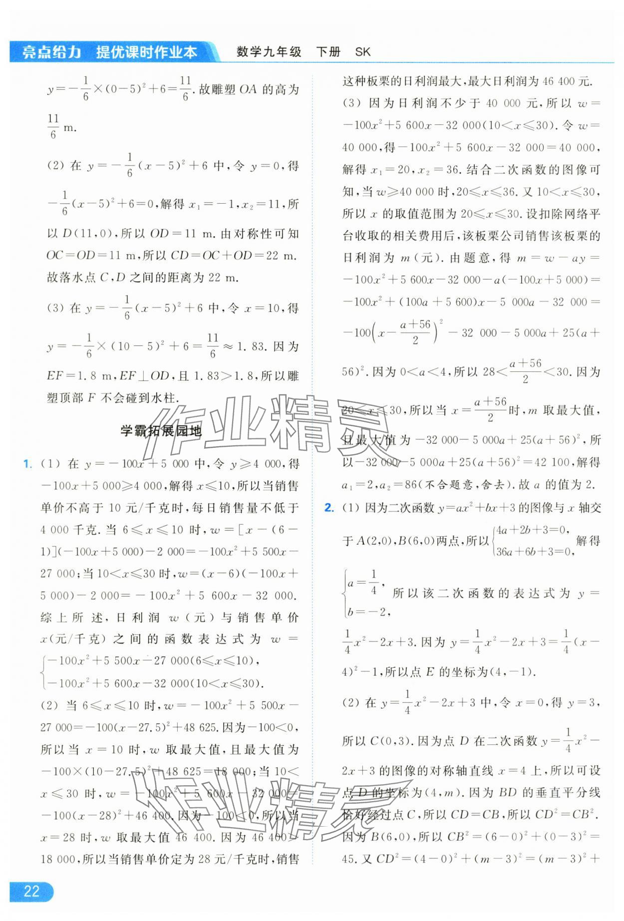 2025年亮点给力提优课时作业本九年级数学下册苏科版 参考答案第22页