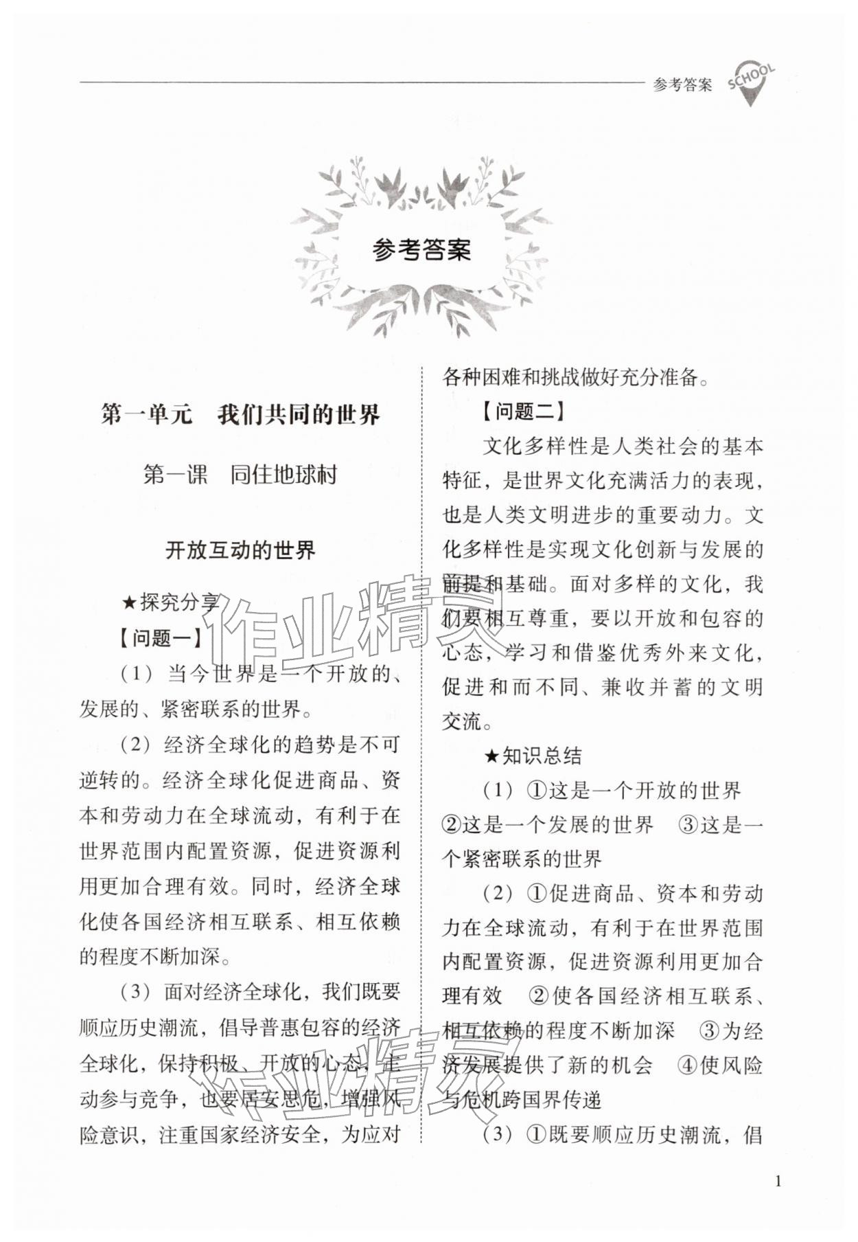 2026年新课程问题解决导学方案九年级道德与法治下册人教版&nbsp;参考答案第1页