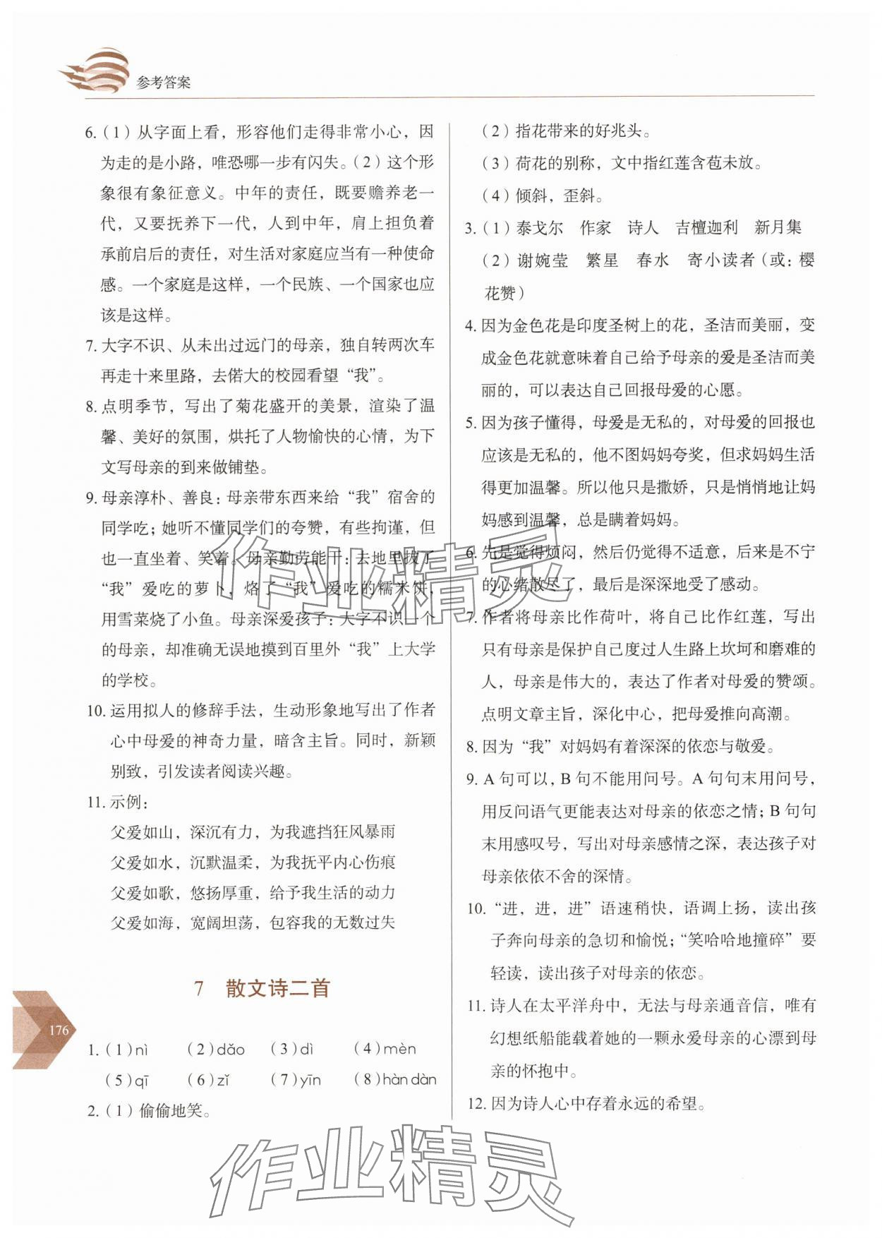 2025年随堂同步练习七年级语文上册人教版 参考答案第6页