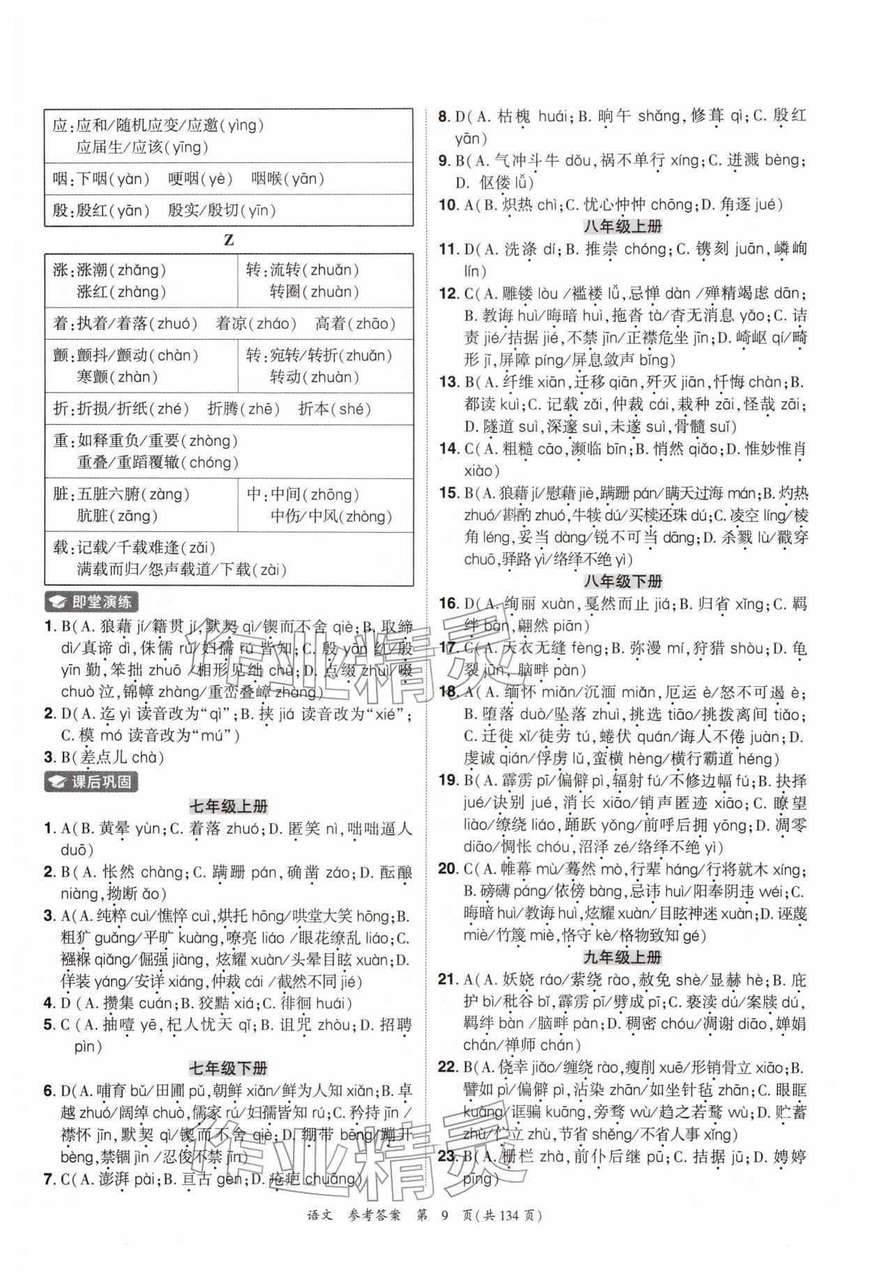 2026年中考高效复习学与教语文广州专版&nbsp;参考答案第9页