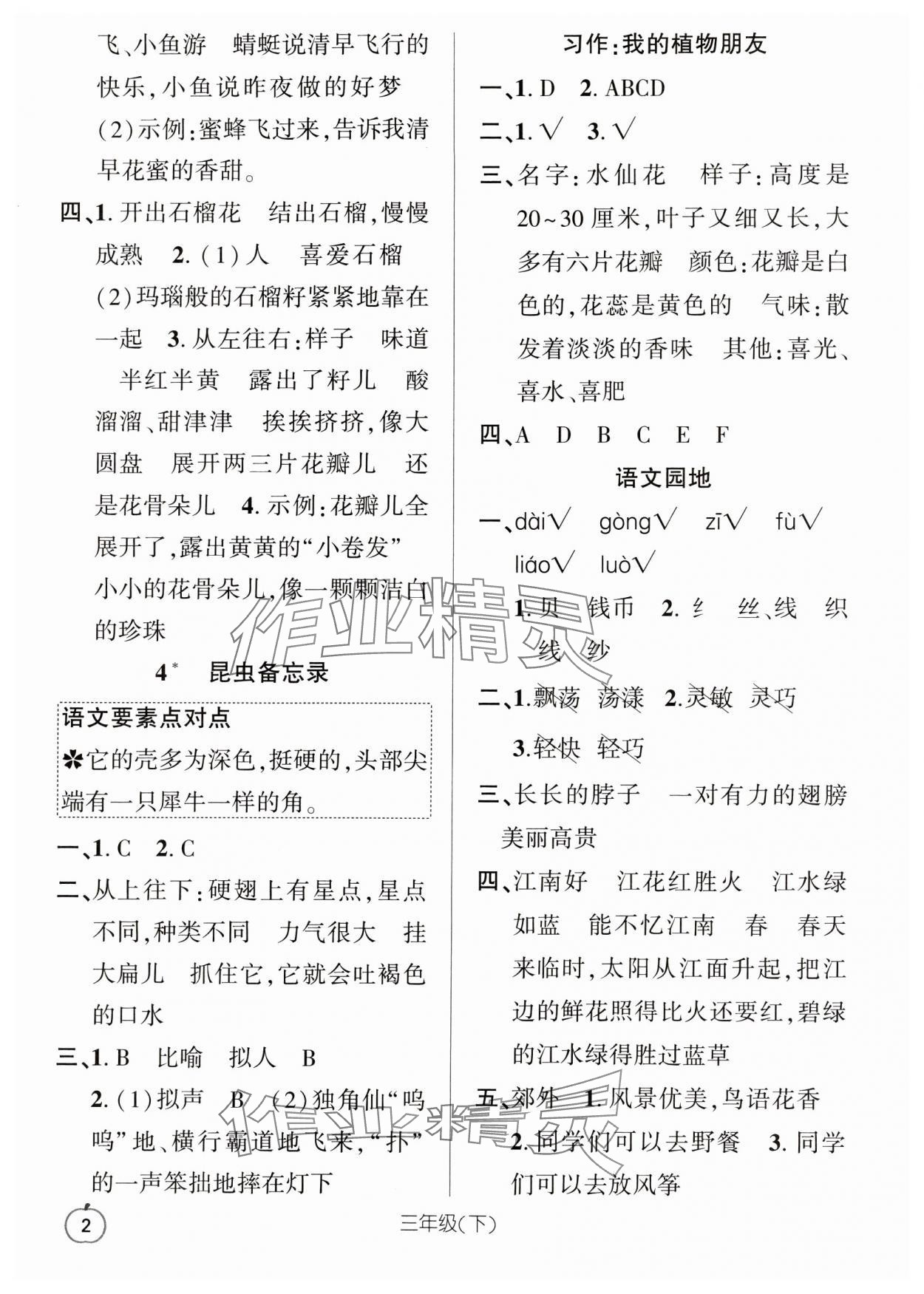 2024年語文要素天天練三年級語文下冊人教版浙江專版 參考答案第2頁