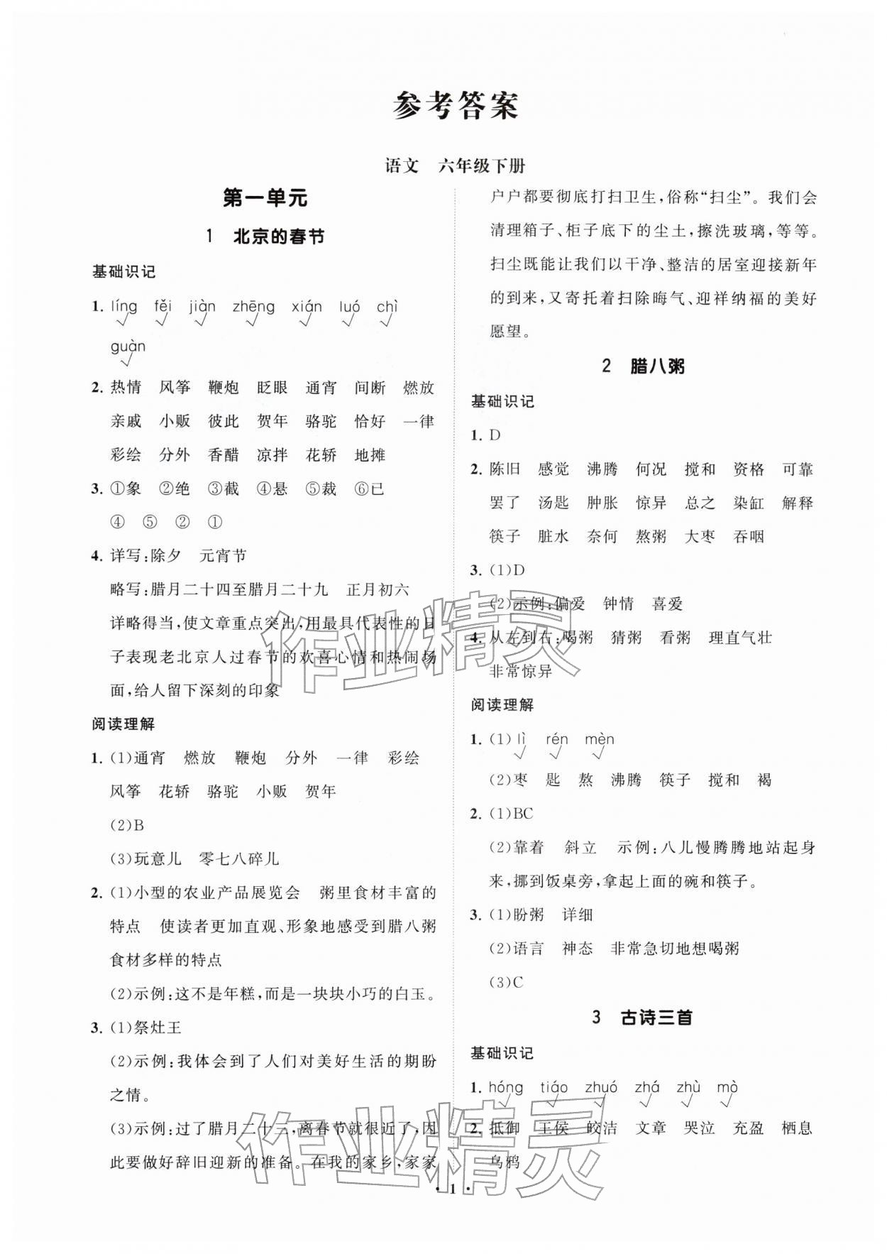 2026年同步练习册分层指导六年级语文下册人教版&nbsp;参考答案第1页