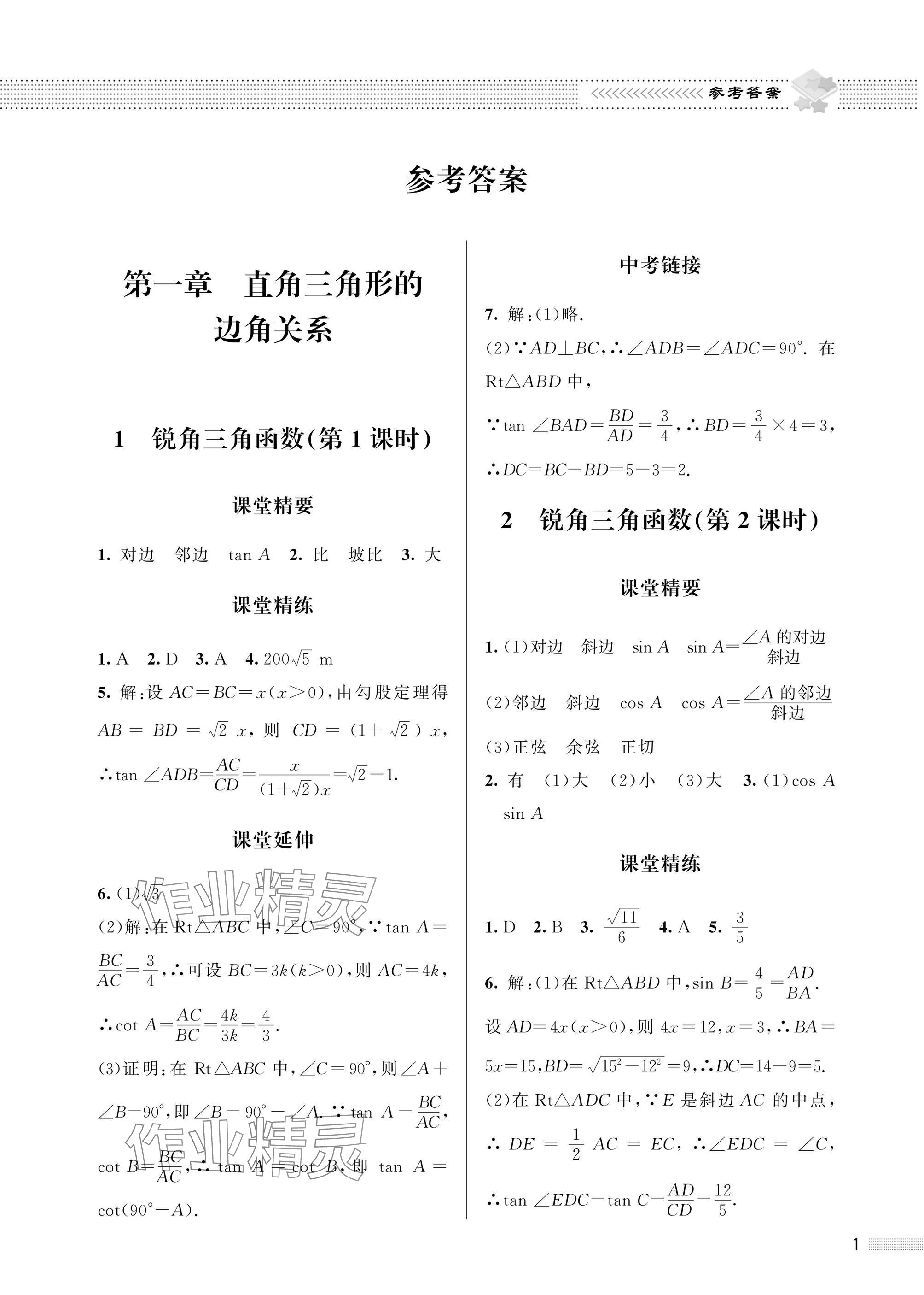 2025年配套綜合練習甘肅九年級數(shù)學下冊北師大版 參考答案第1頁