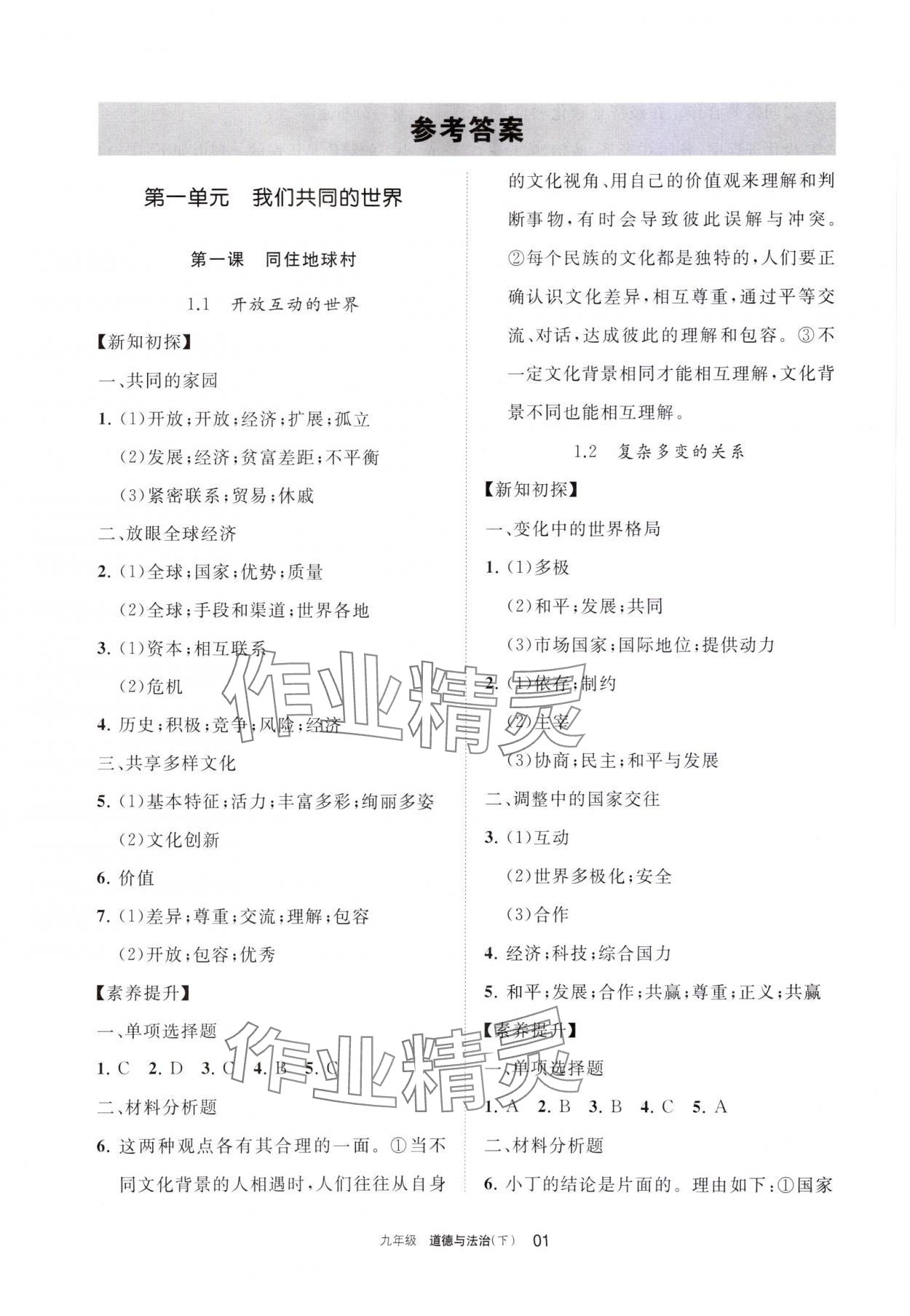 2024年学习之友九年级道德与法治下册人教版 参考答案第1页