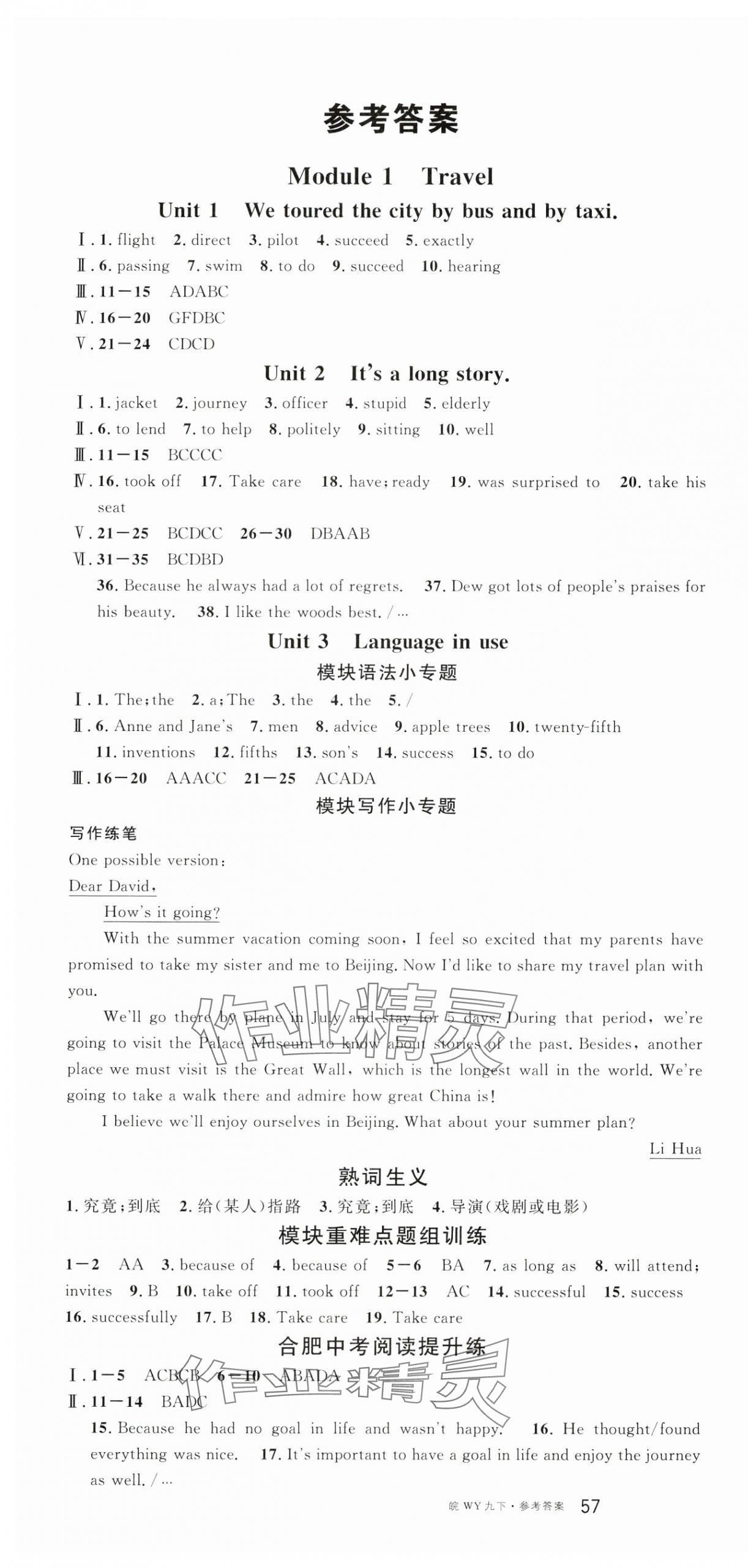 2025年名校課堂九年級英語下冊外研版1合肥專版 參考答案第1頁