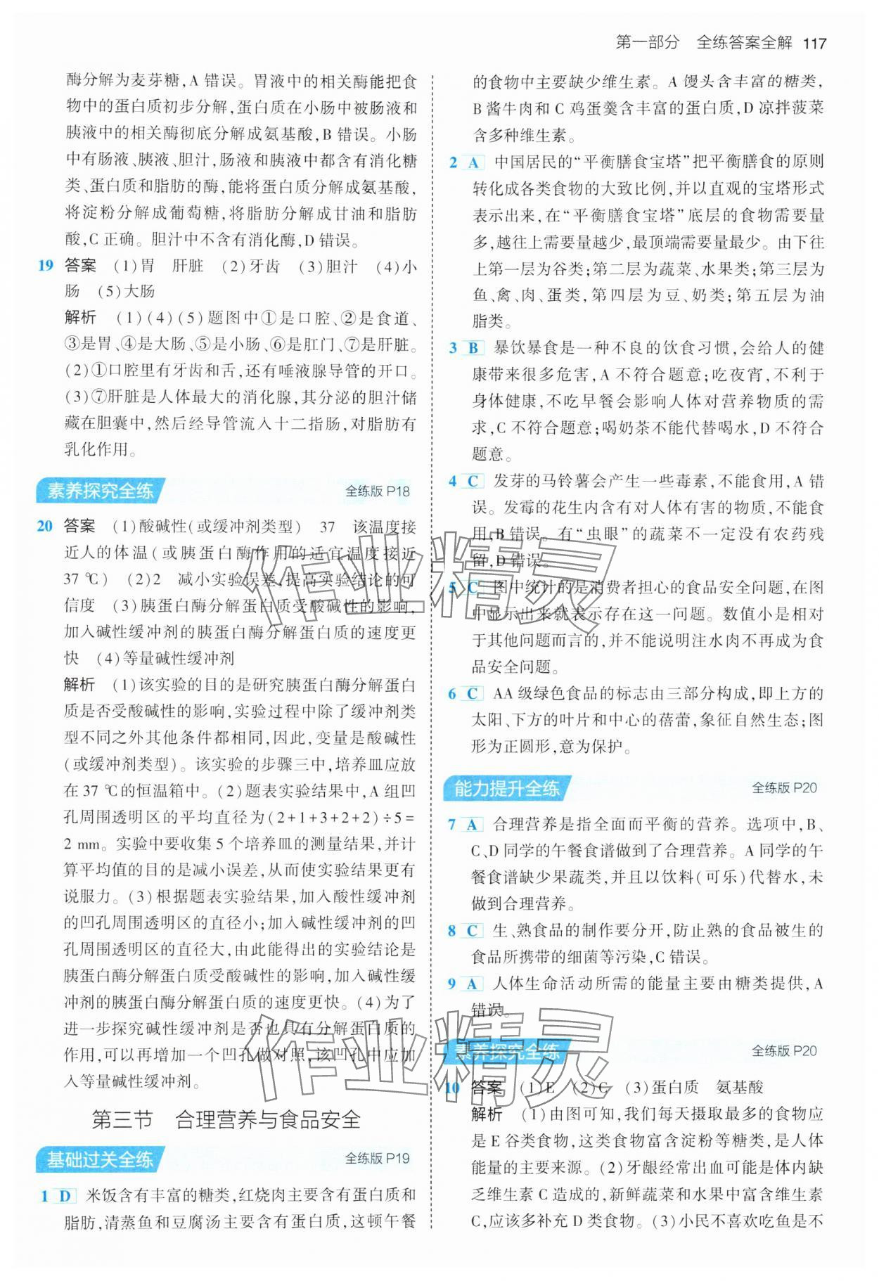 2024年5年中考3年模拟七年级生物下册人教版 参考答案第7页