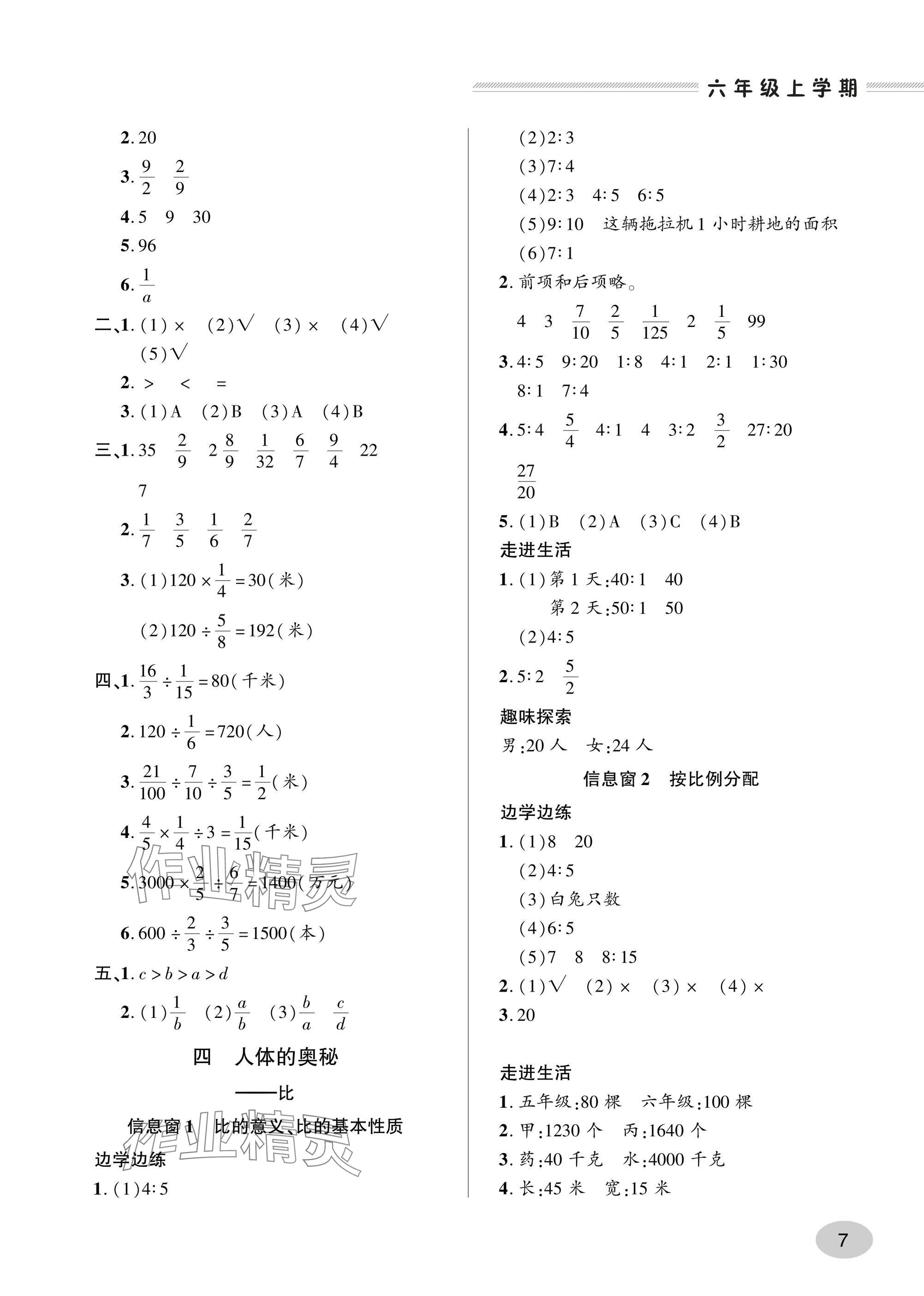 2024年精練課堂分層作業六年級數學上冊人教版 參考答案第7頁
