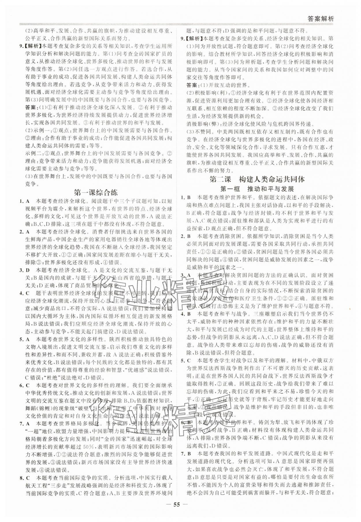 2025年世纪金榜百练百胜九年级道德与法治下册人教版 参考答案第2页