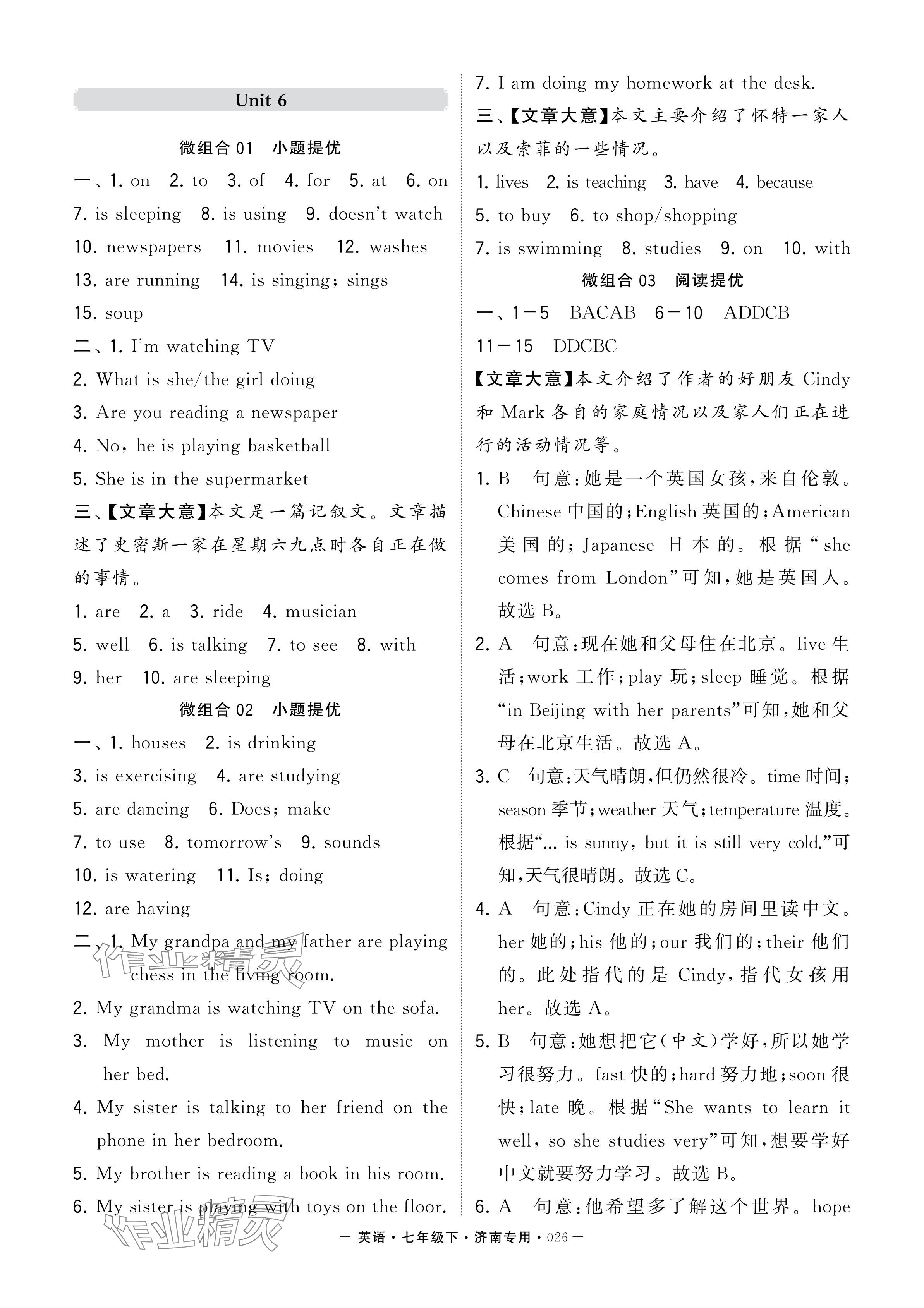 2024年学霸组合训练七年级英语下册人教版济南专版 参考答案第26页