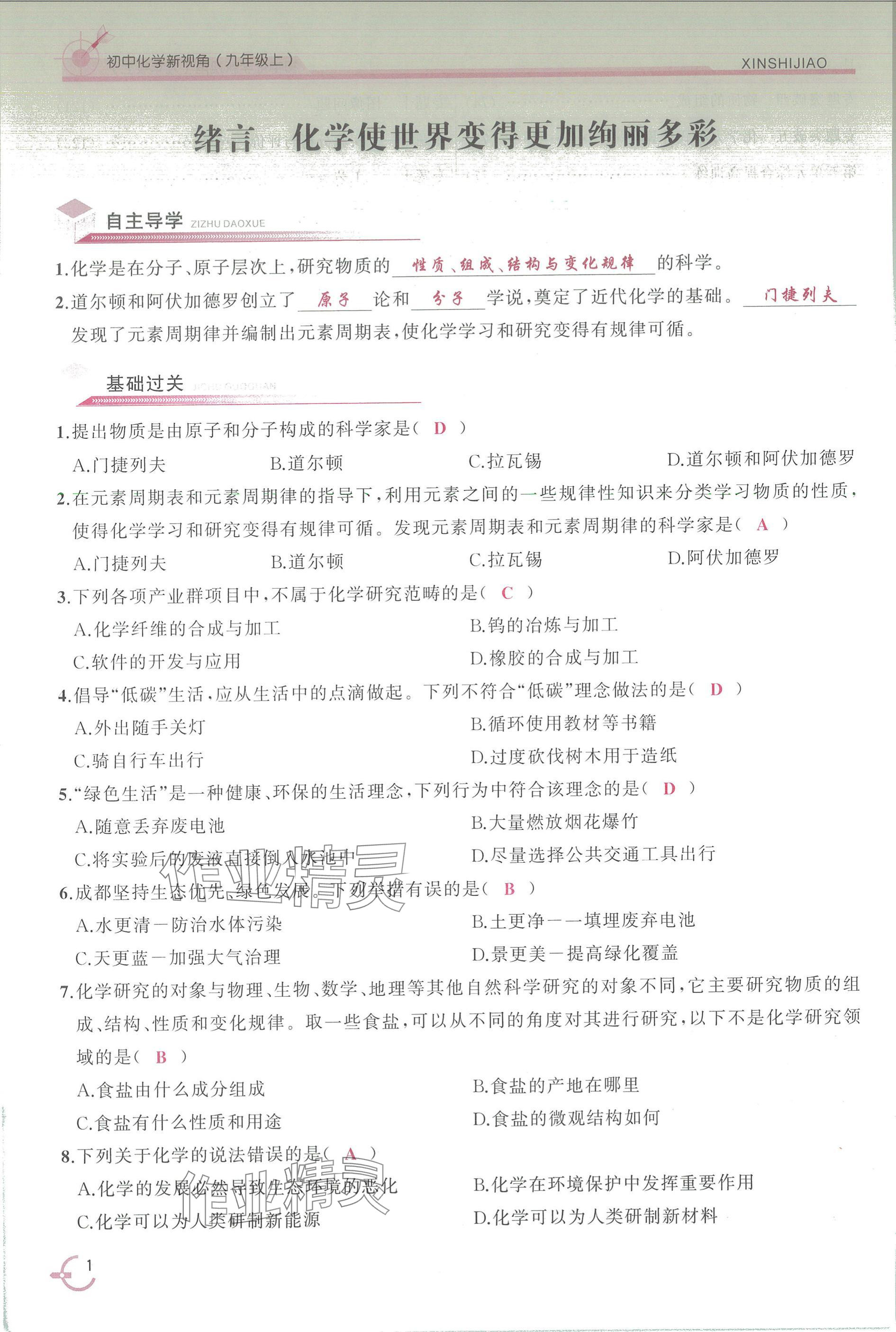 2025年新视角教辅系列丛书九年级化学上册人教版 参考答案第1页