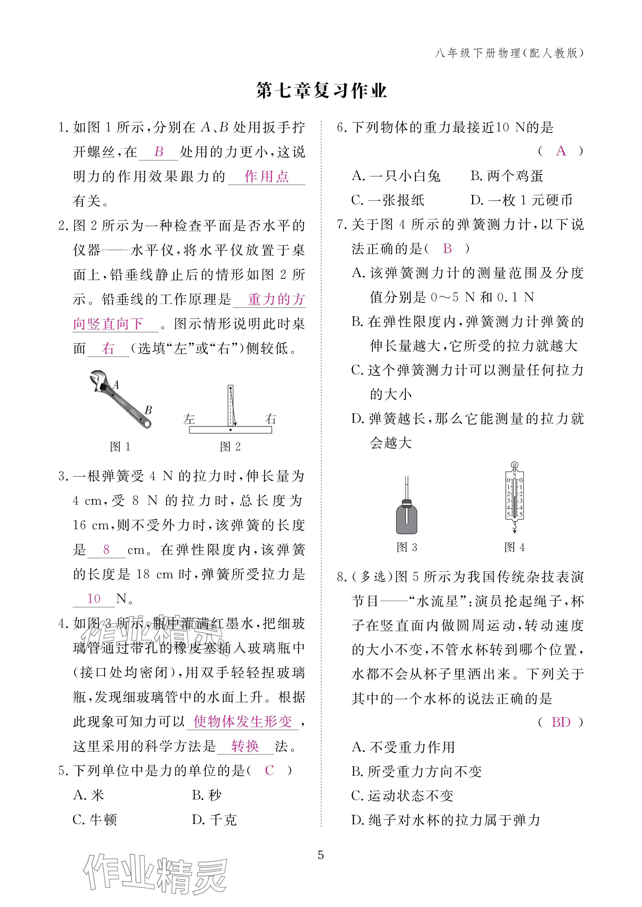 2025年作业本江西教育出版社八年级物理下册人教版 参考答案第5页