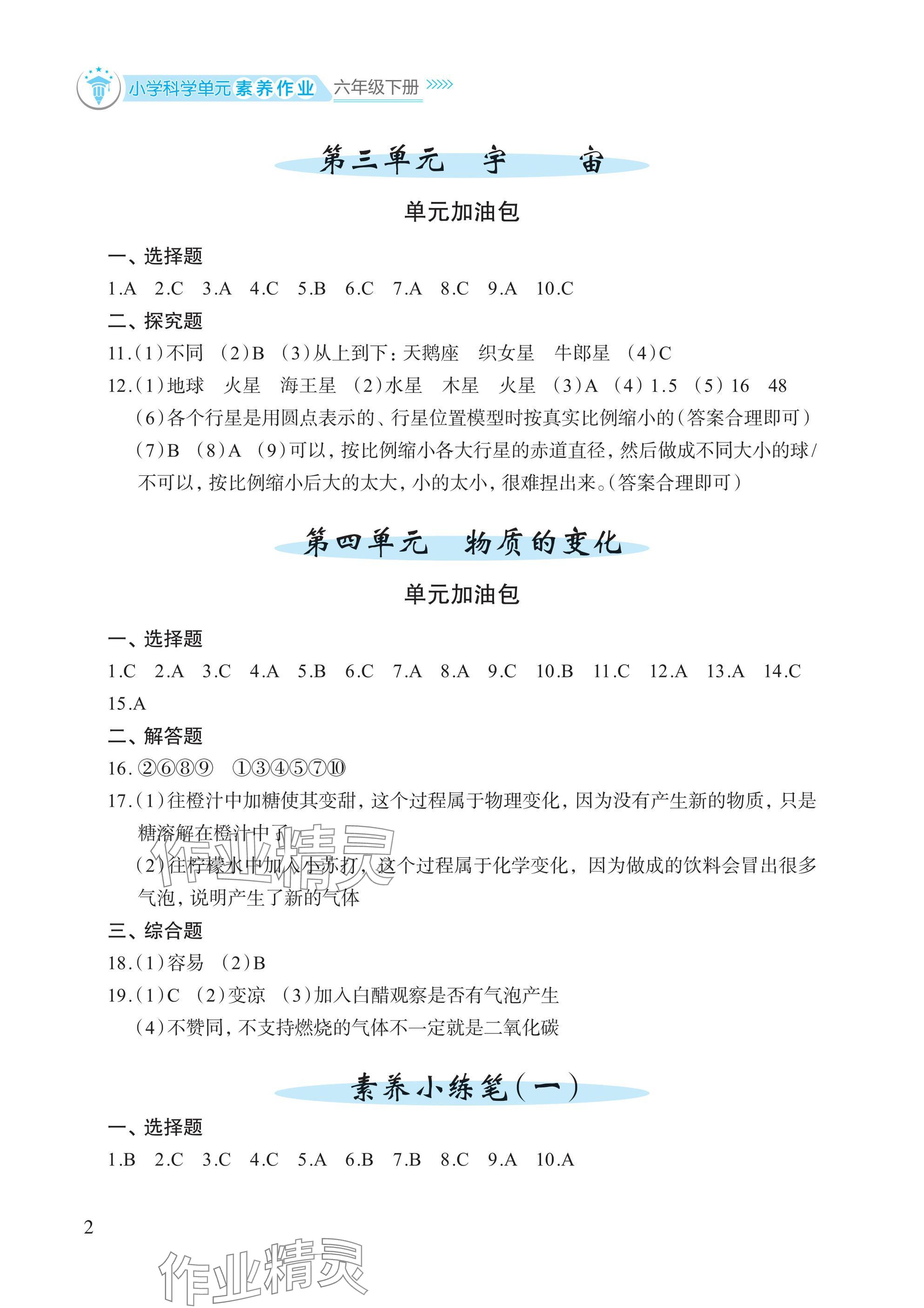 2025年小学单元素养作业六年级科学下册教科版 参考答案第2页