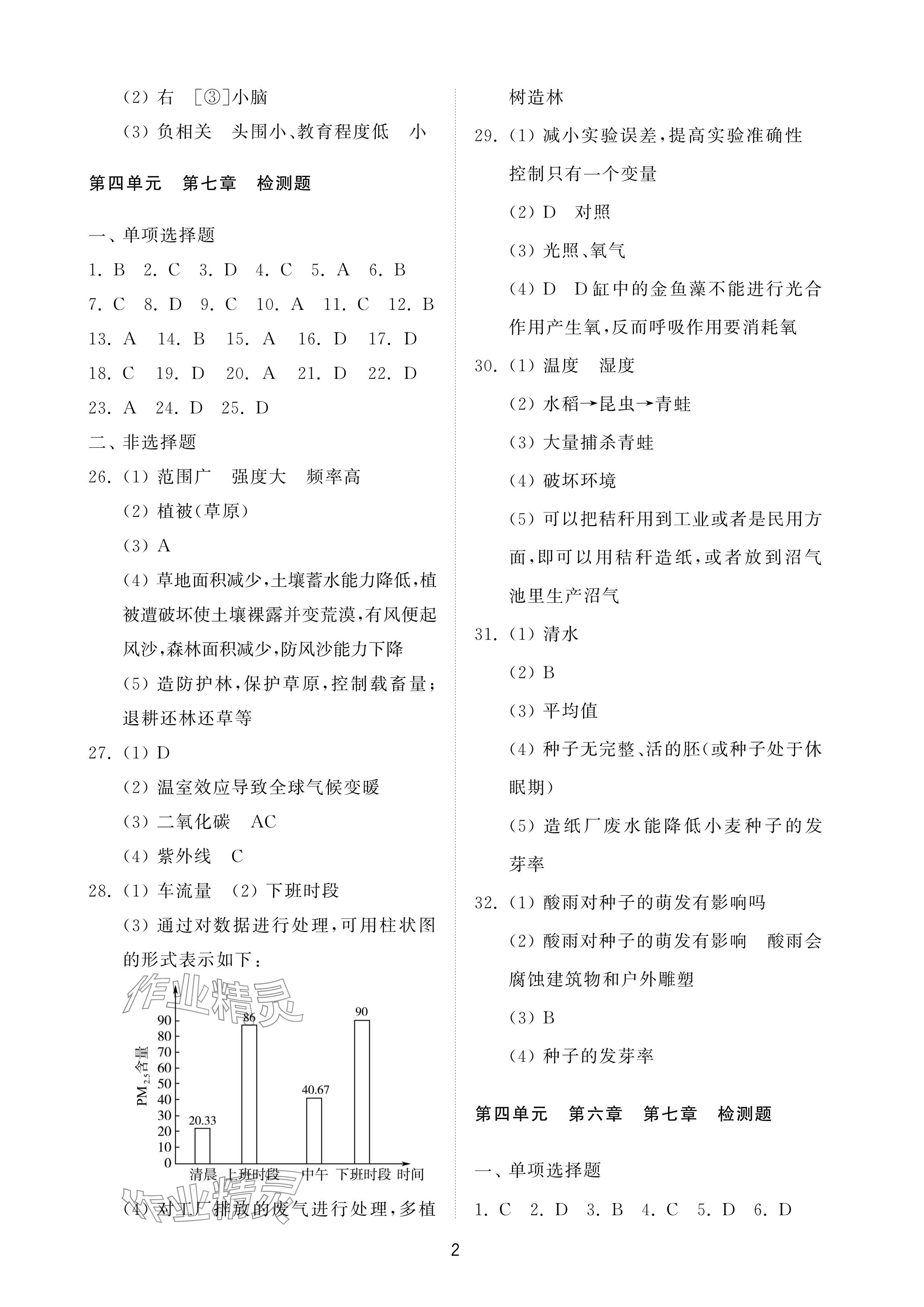 2025年同步練習冊配套檢測卷七年級生物下冊魯科版煙臺專版54制 參考答案第2頁