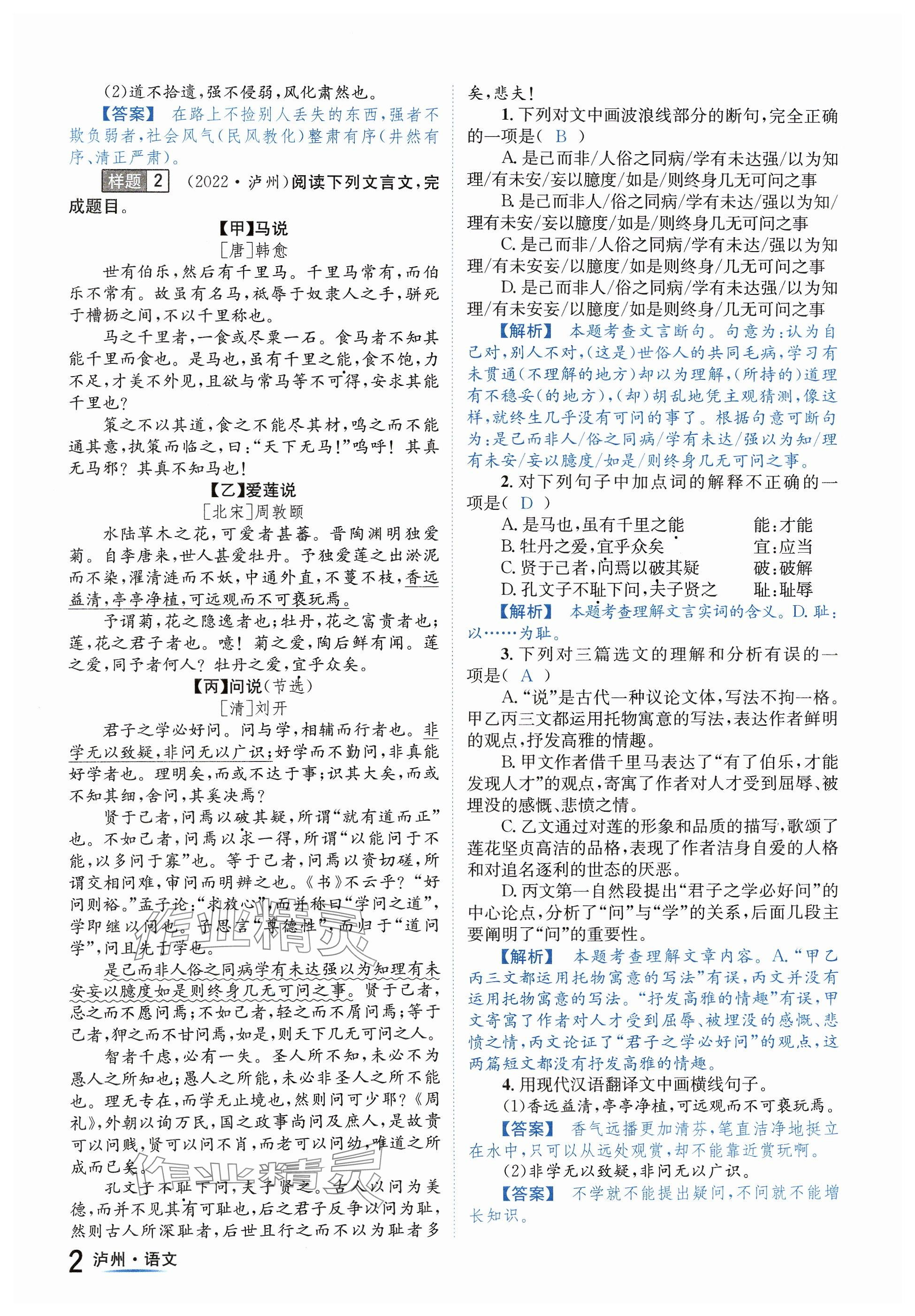 2024年国华考试中考总动员语文泸州专版 参考答案第2页