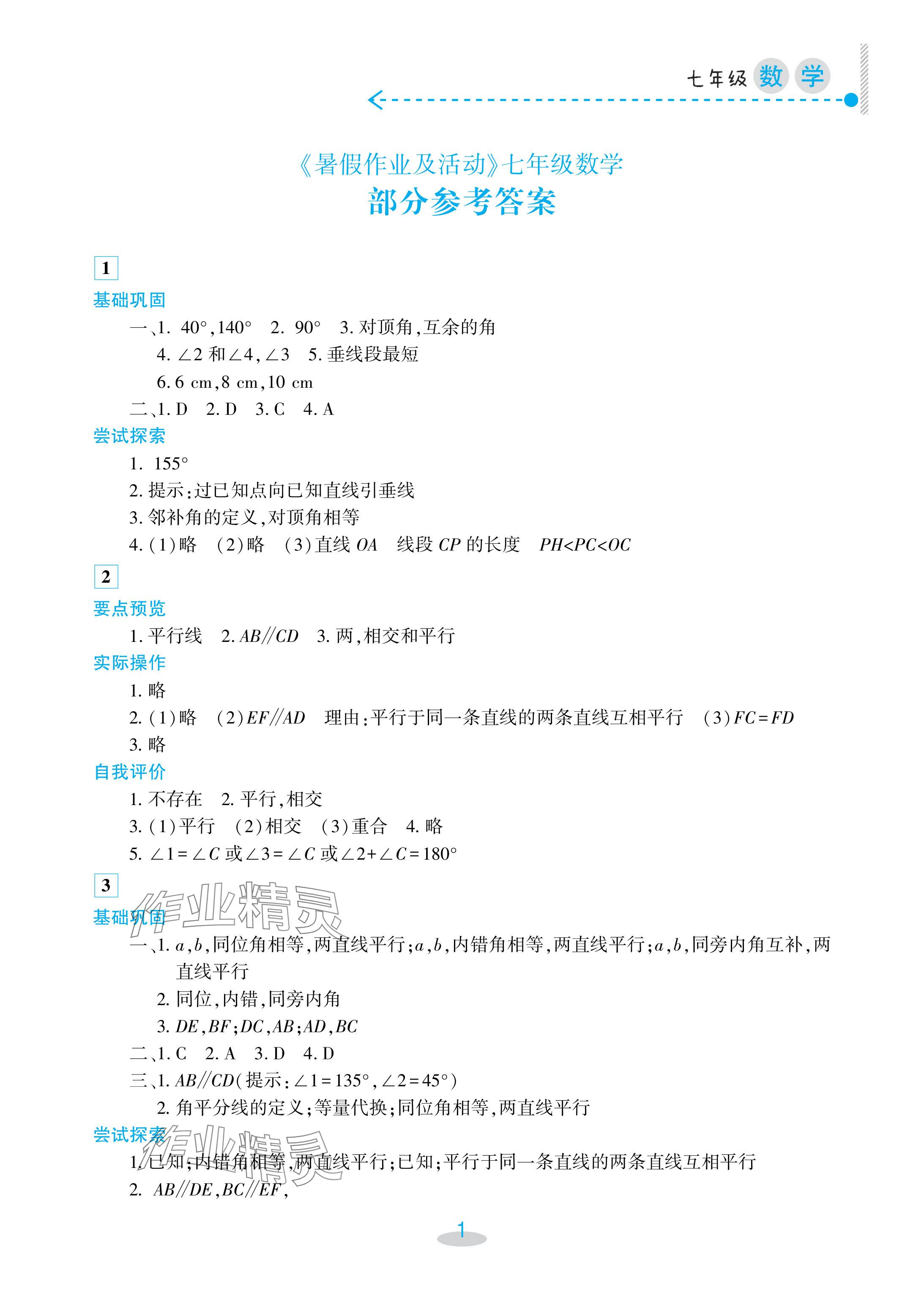 2024年暑假作业及活动新疆文化出版社七年级数学 参考答案第1页