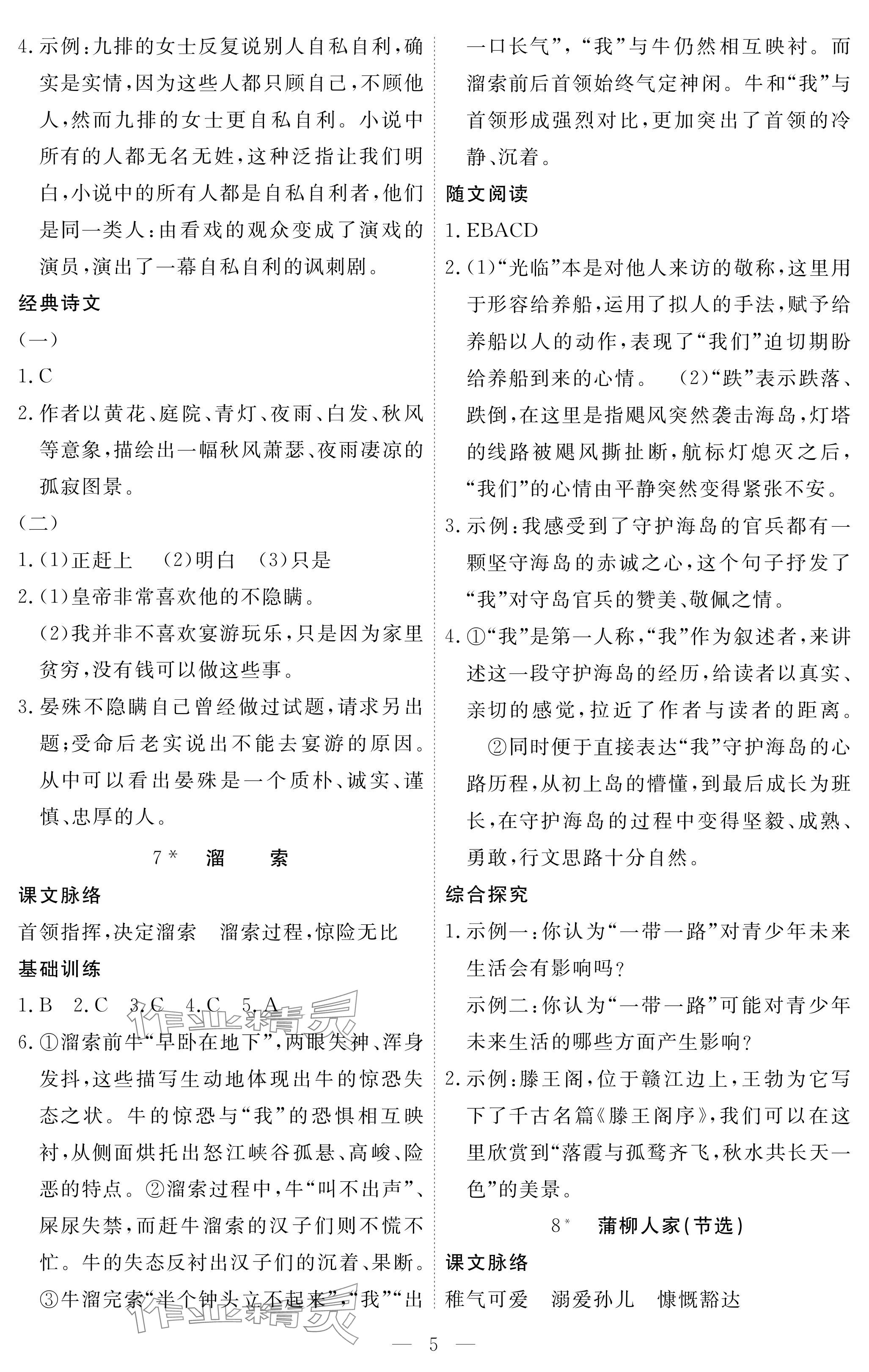 2025年一课一练创新练习九年级语文下册人教版 参考答案第5页