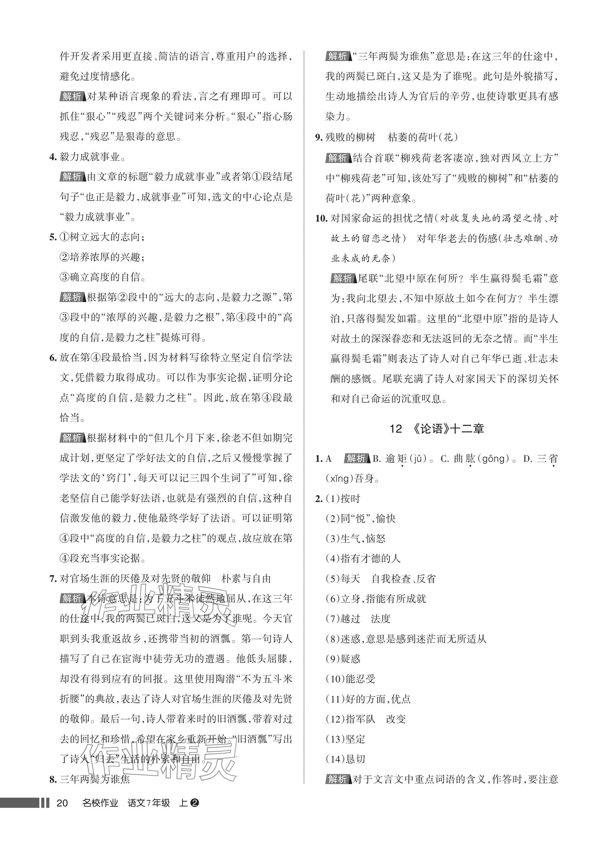 2025年名校作业七年级语文上册人教版湖北专版&nbsp;参考答案第20页