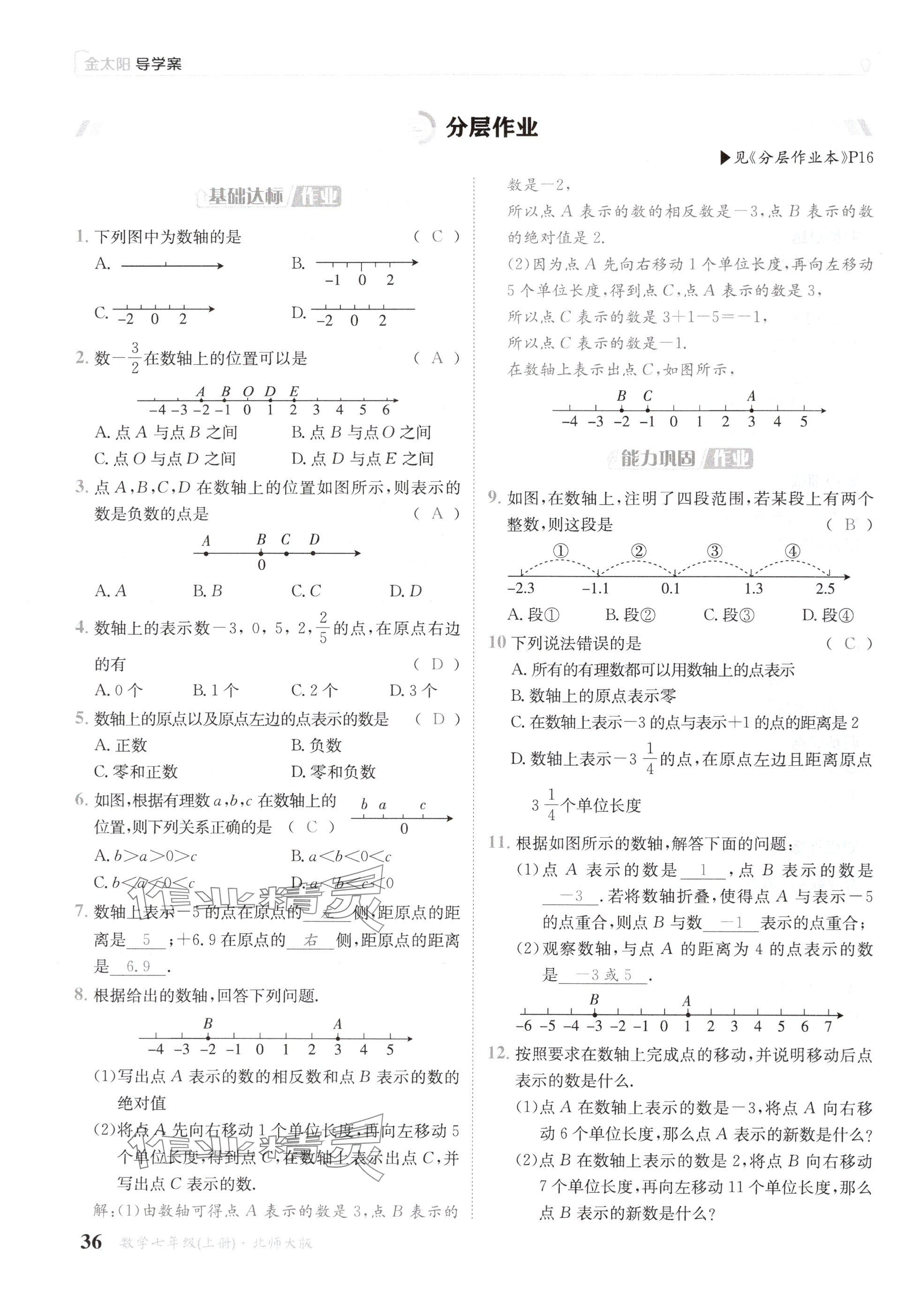 2024年金太阳导学案七年级数学上册北师大版 参考答案第36页