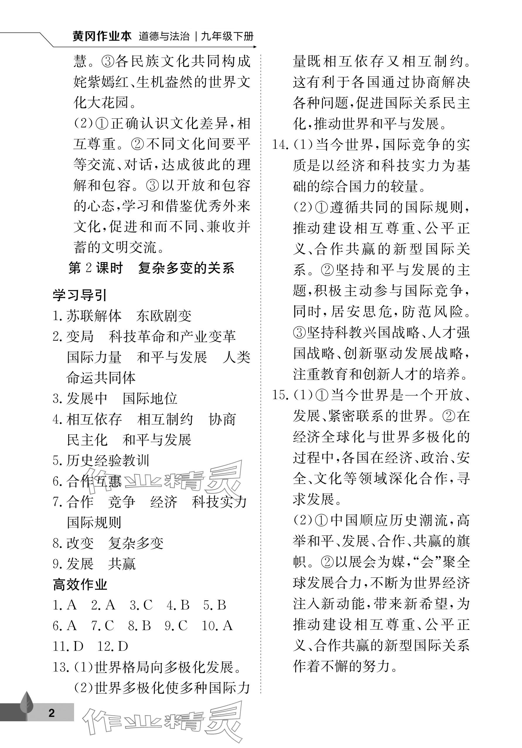 2024年黃岡作業本武漢大學出版社九年級道德與法治下冊人教版 參考答案第2頁