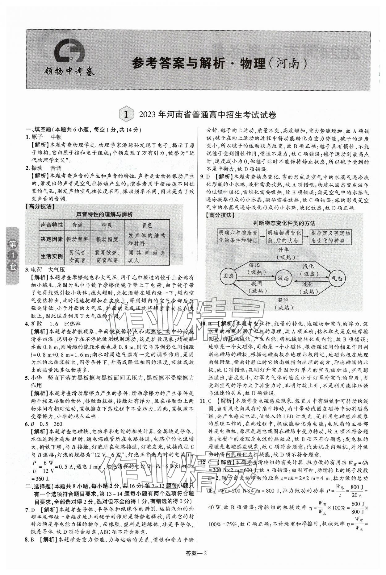 2024年領揚中考卷物理河南專版 參考答案第1頁