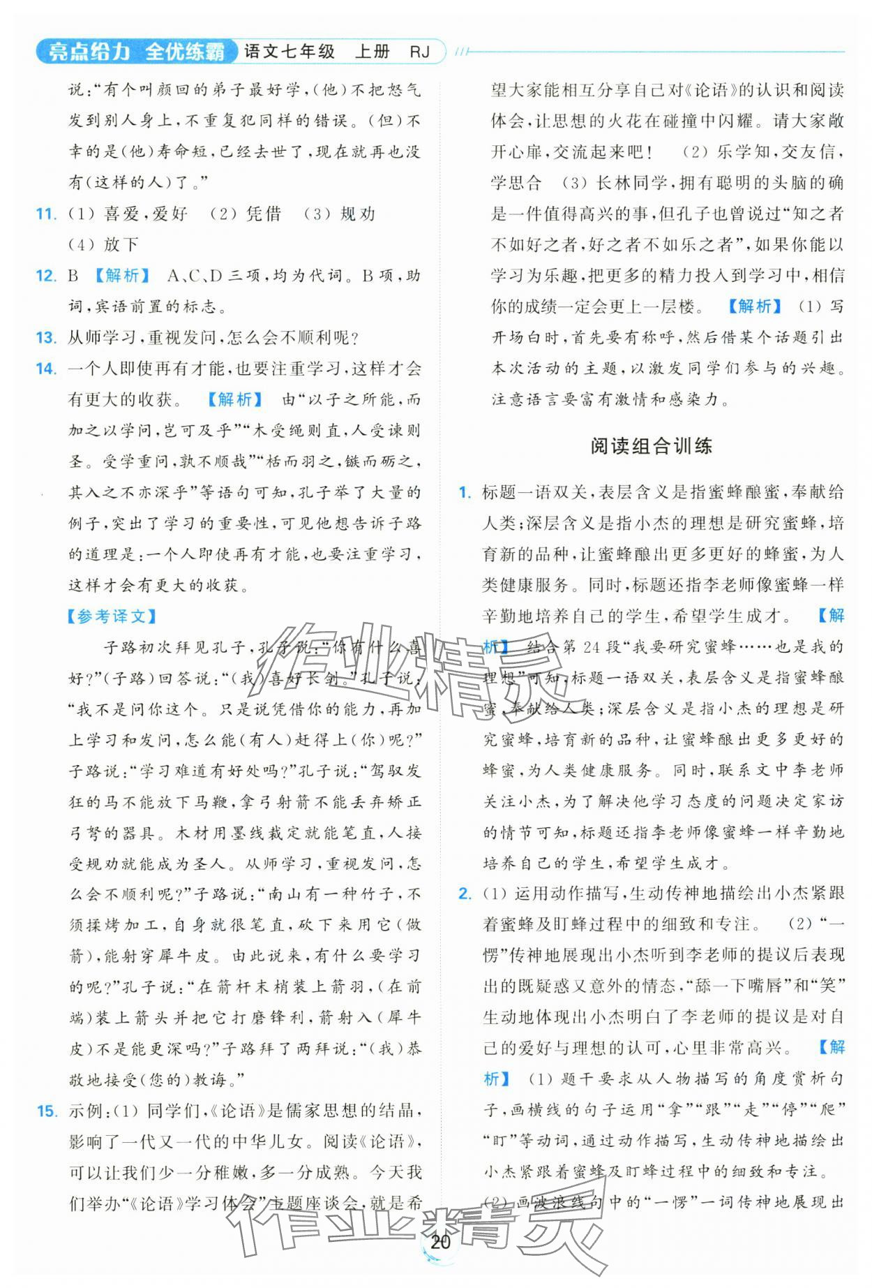 2024年亮點(diǎn)給力全優(yōu)練霸七年級語文上冊人教版 參考答案第20頁