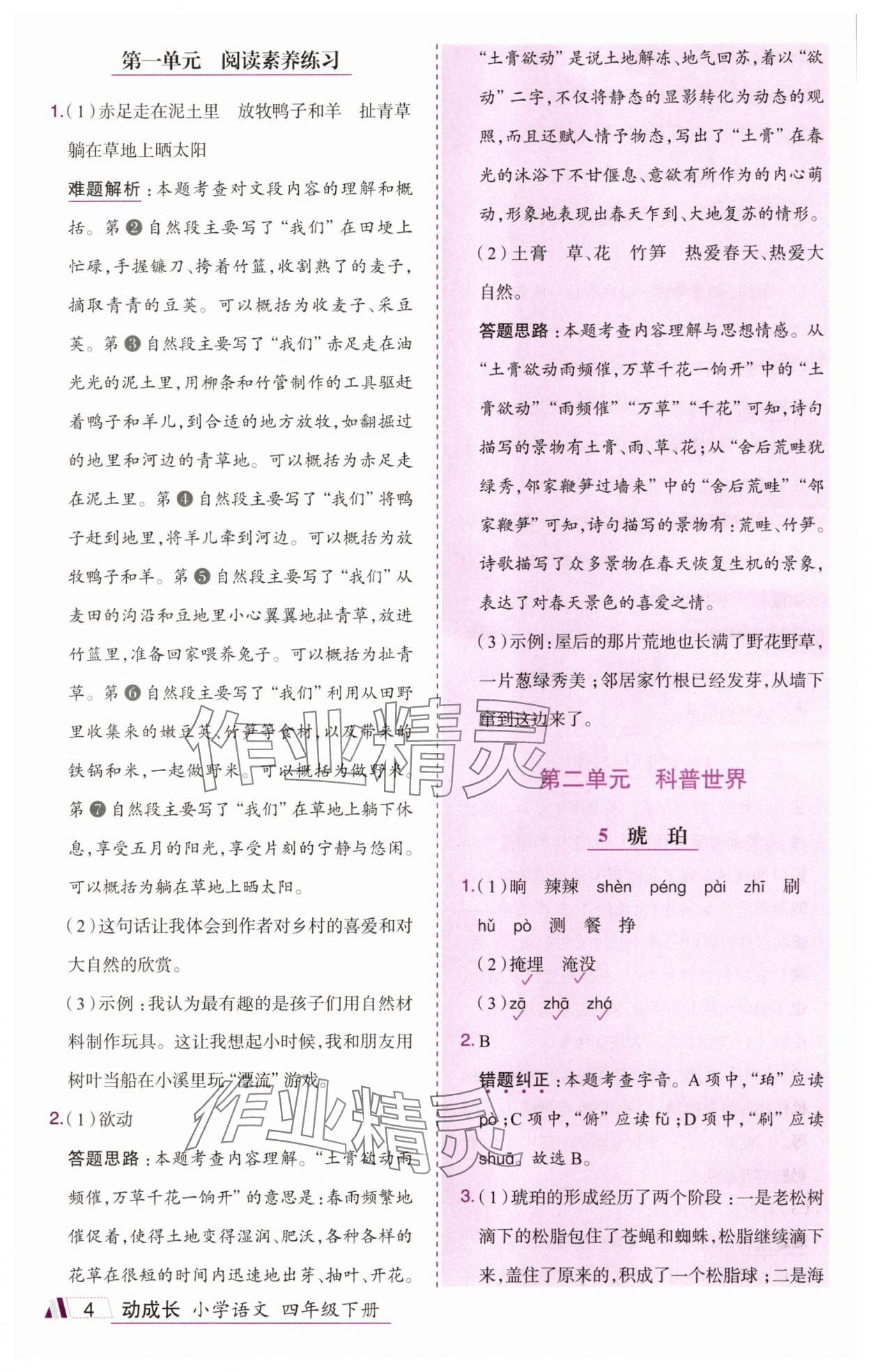 2025年动成长题题体现核心素养四年级语文下册人教版惠州专版&nbsp;参考答案第4页