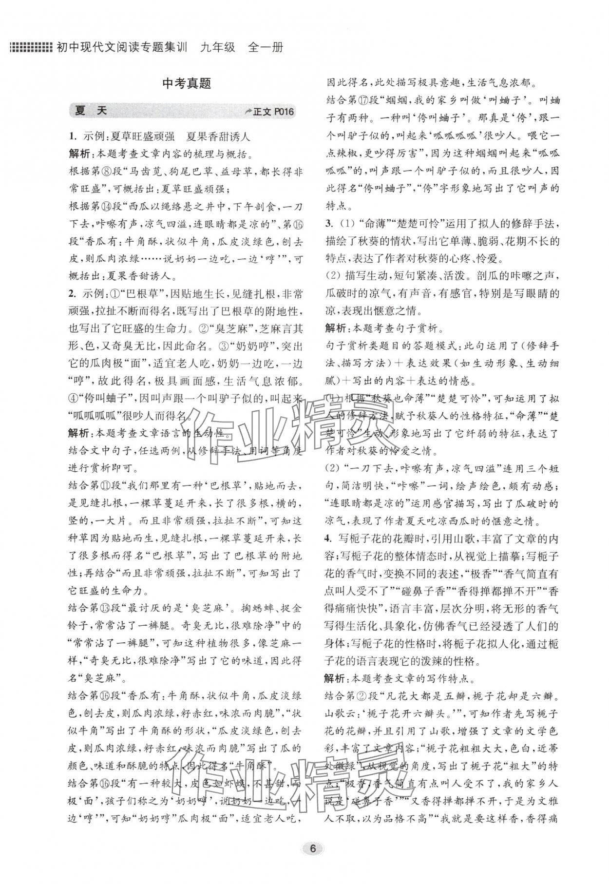 2024年初中現(xiàn)代文閱讀專題集訓(xùn)九年級語文人教版 參考答案第6頁