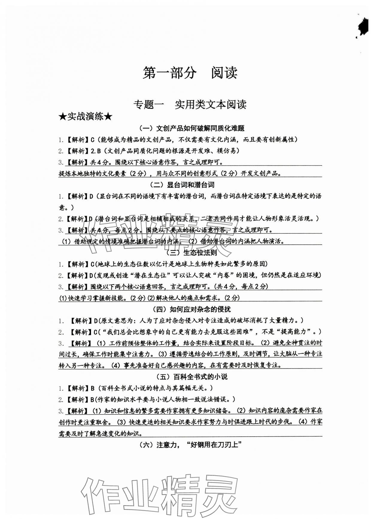 2024年新视角名校作业中考语文武汉专版 参考答案第1页