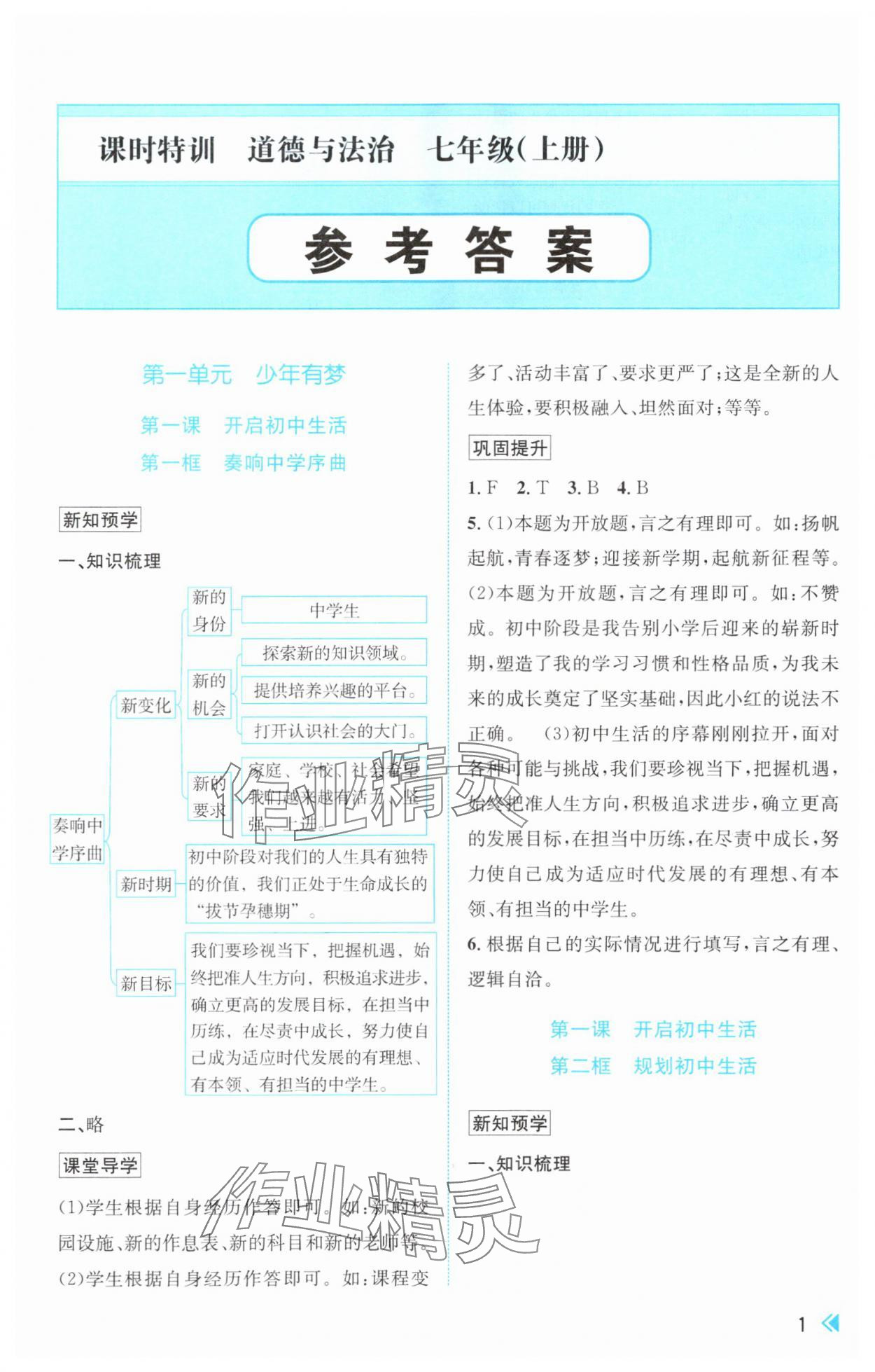 2025年课时特训七年级道德与法治上册人教版 参考答案第1页