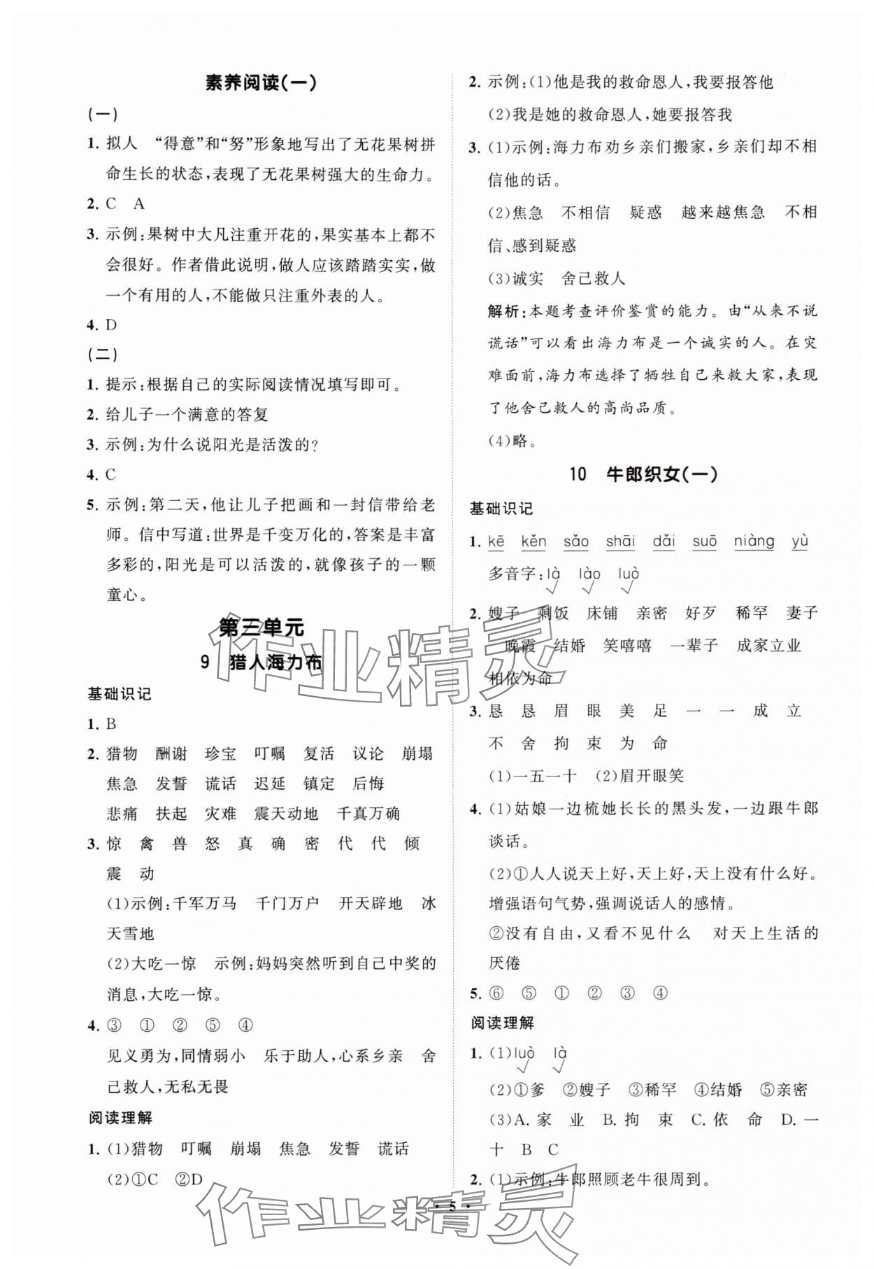 2025年同步練習(xí)冊(cè)智慧拓展五年級(jí)語文上冊(cè)人教版菏澤專版 參考答案第5頁