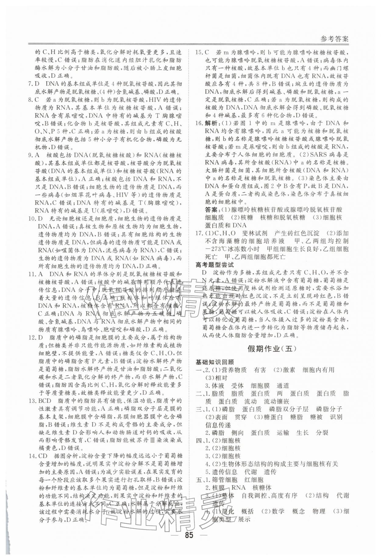 2026年完美假期假期自主學習訓練高一生物&nbsp;參考答案第6頁